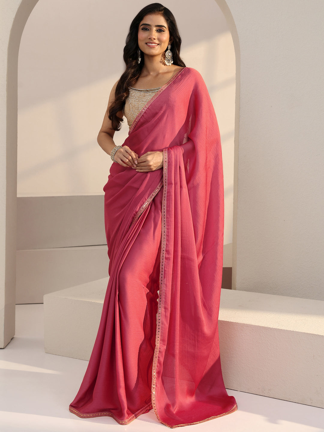  Peach Chiffon Pre Draped Saree 