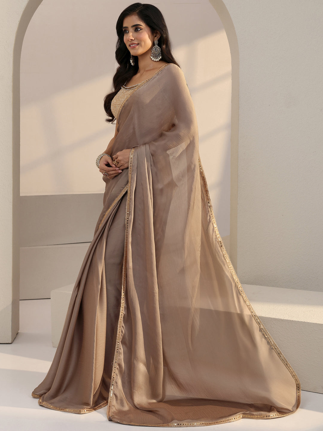  Beige Chiffon Pre Draped Saree 