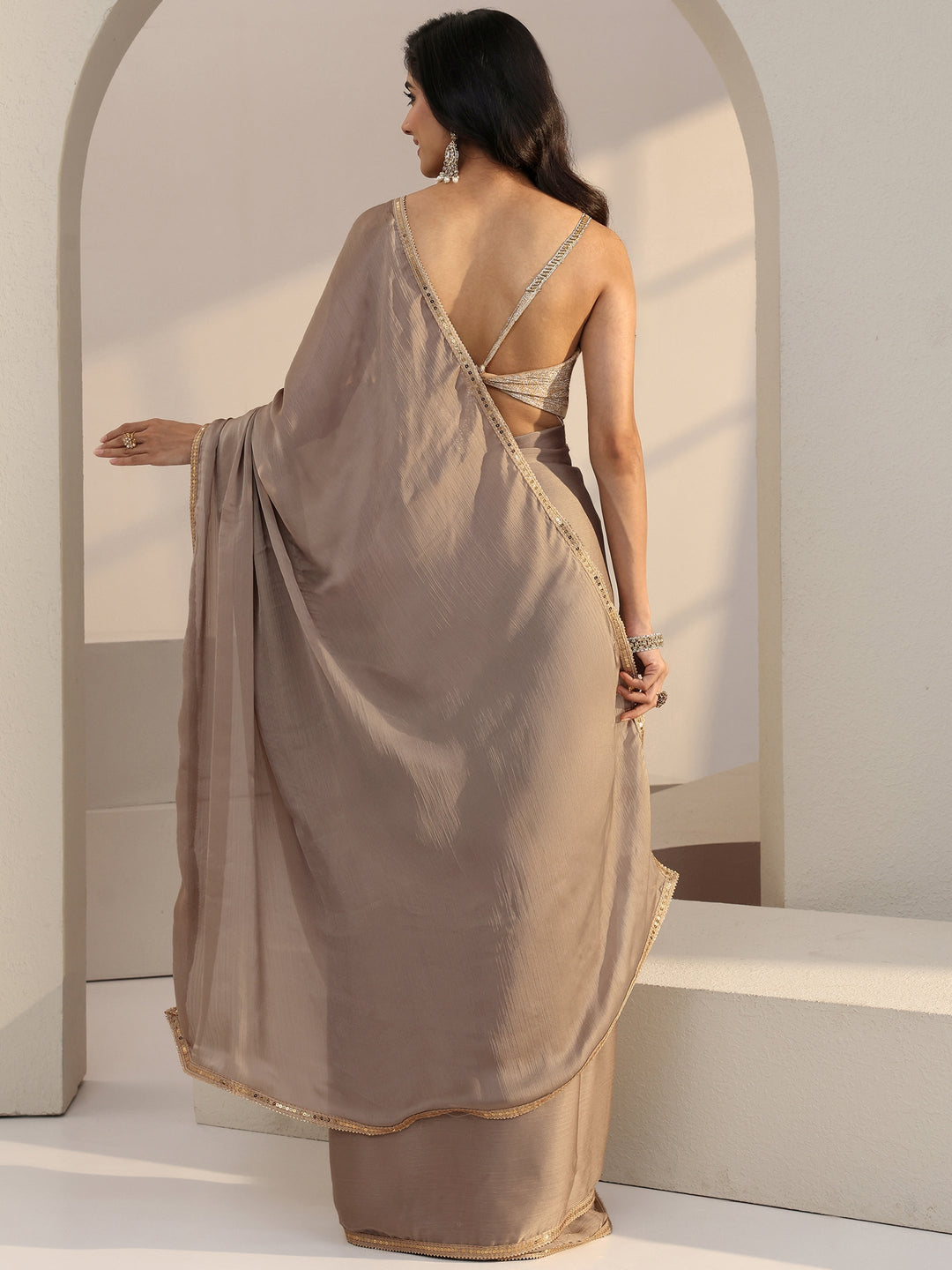  Beige Chiffon Pre Draped Saree 