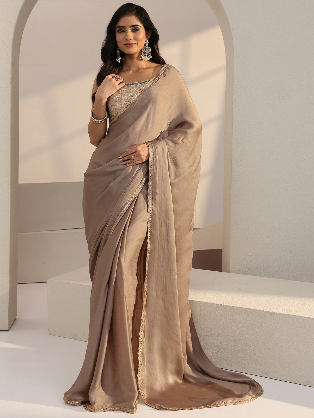  Beige Chiffon Pre Draped Saree 
