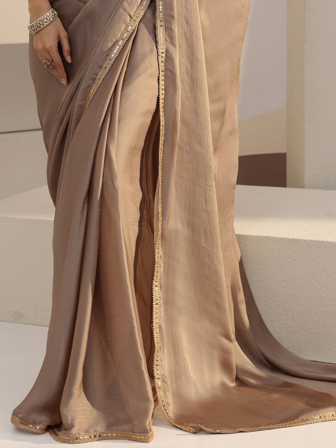 Beige Chiffon Pre Draped Saree 