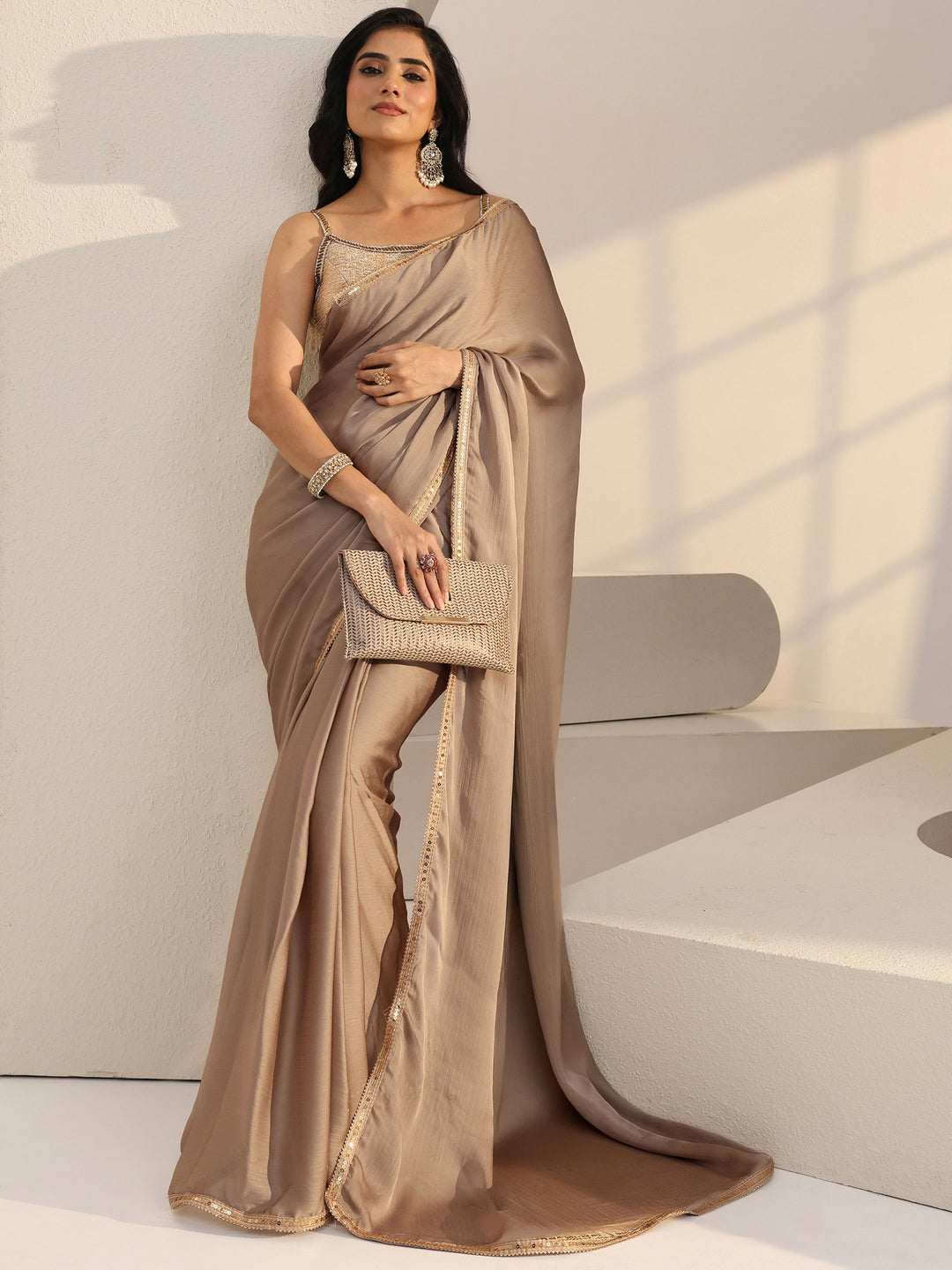  Beige Chiffon Pre Draped Saree 
