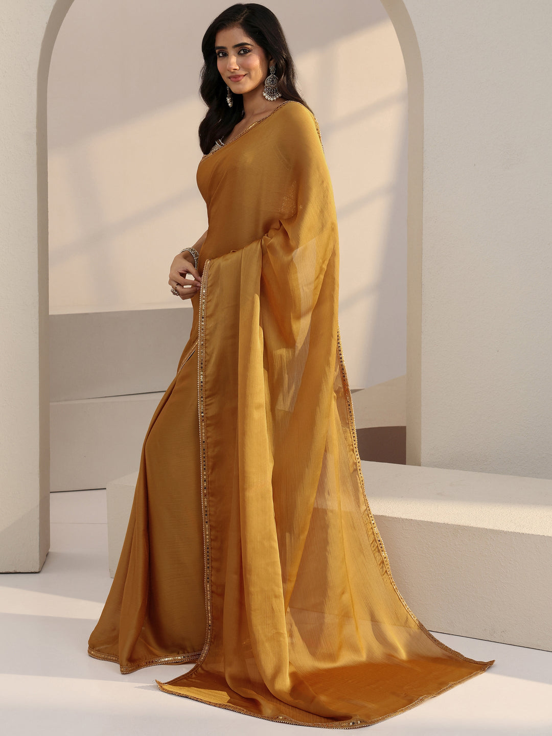  Mustard Chiffon Pre Draped Saree 