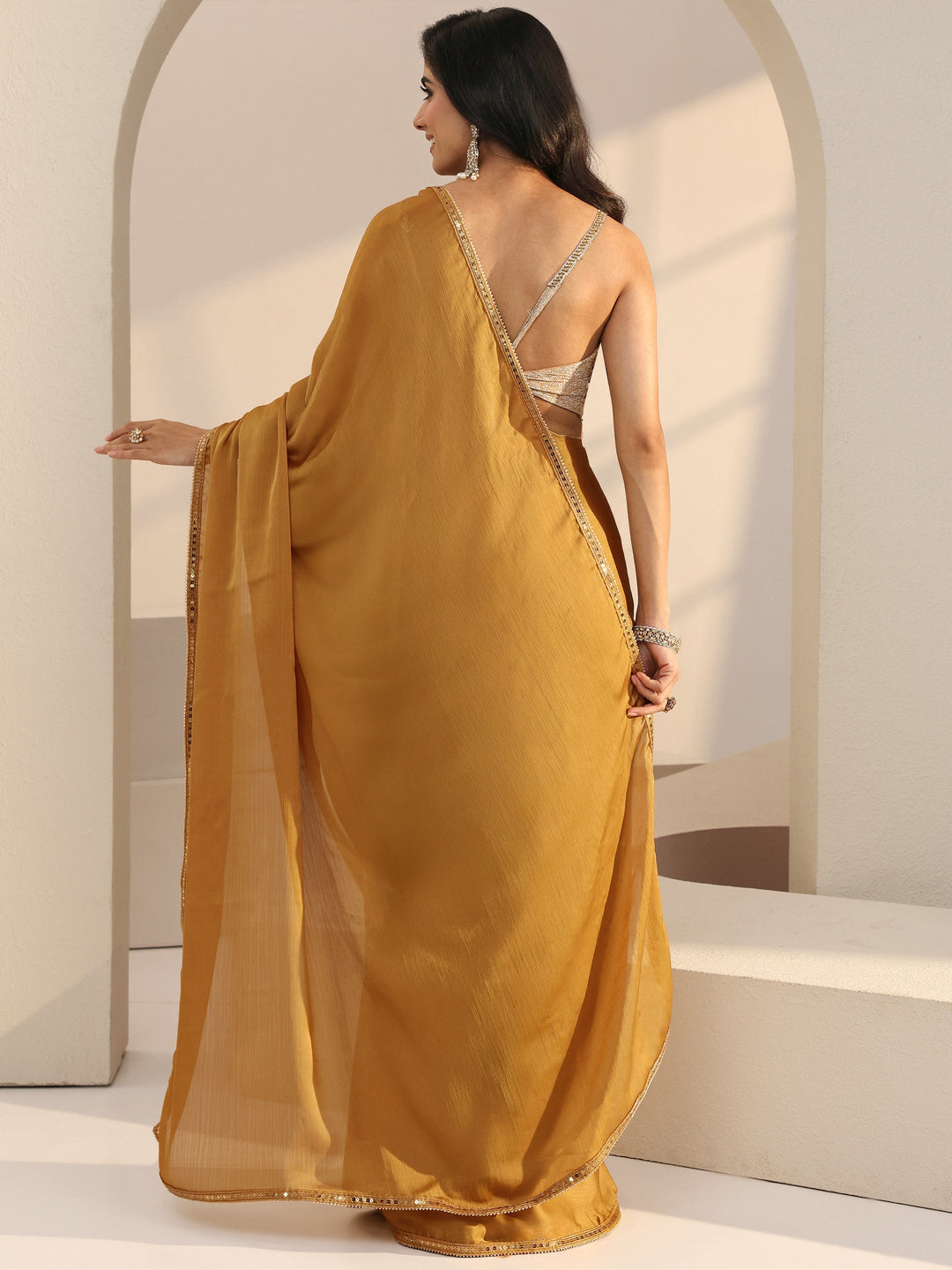  Mustard Chiffon Pre Draped Saree 