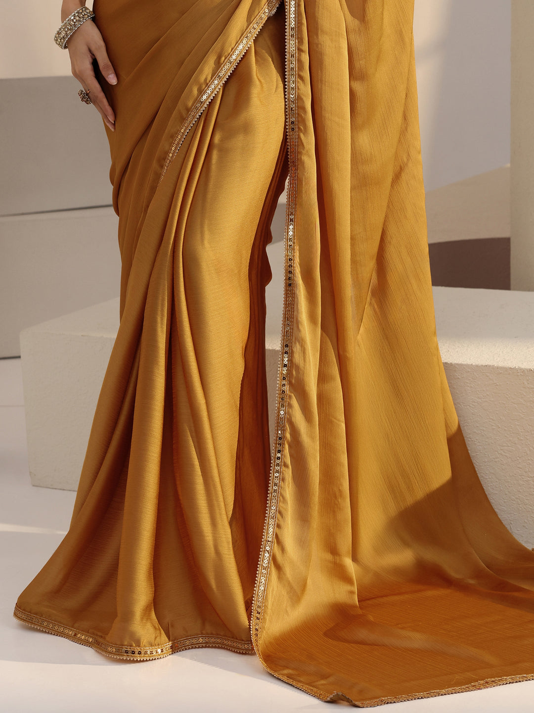  Mustard Chiffon Pre Draped Saree 