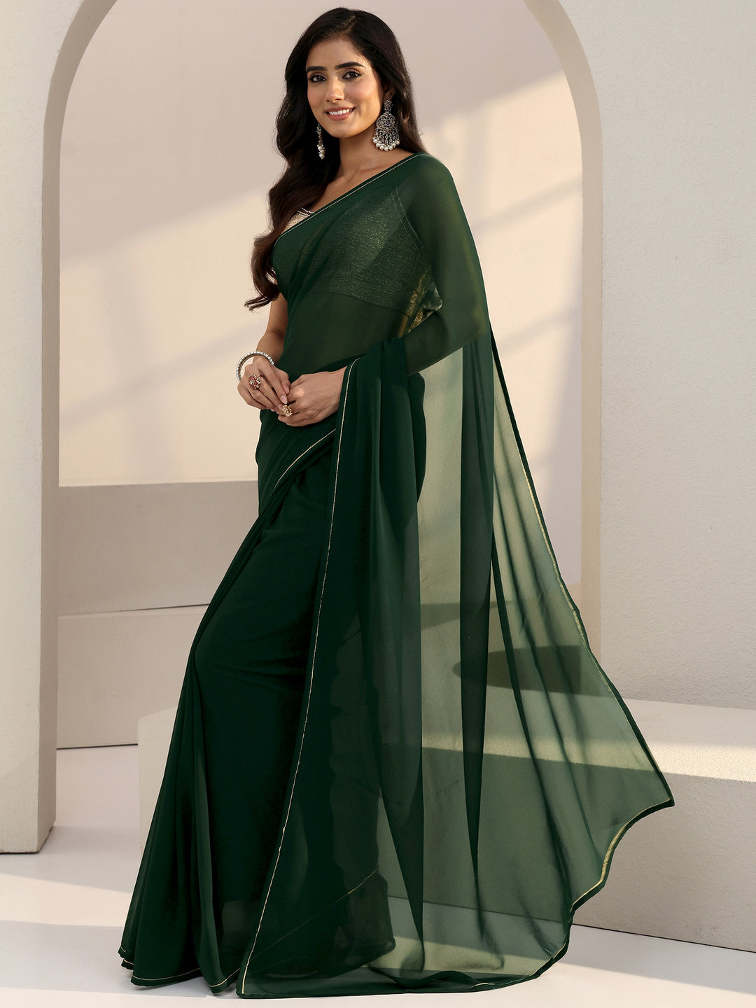  Forest Green Georgette Pre Draped Saree 