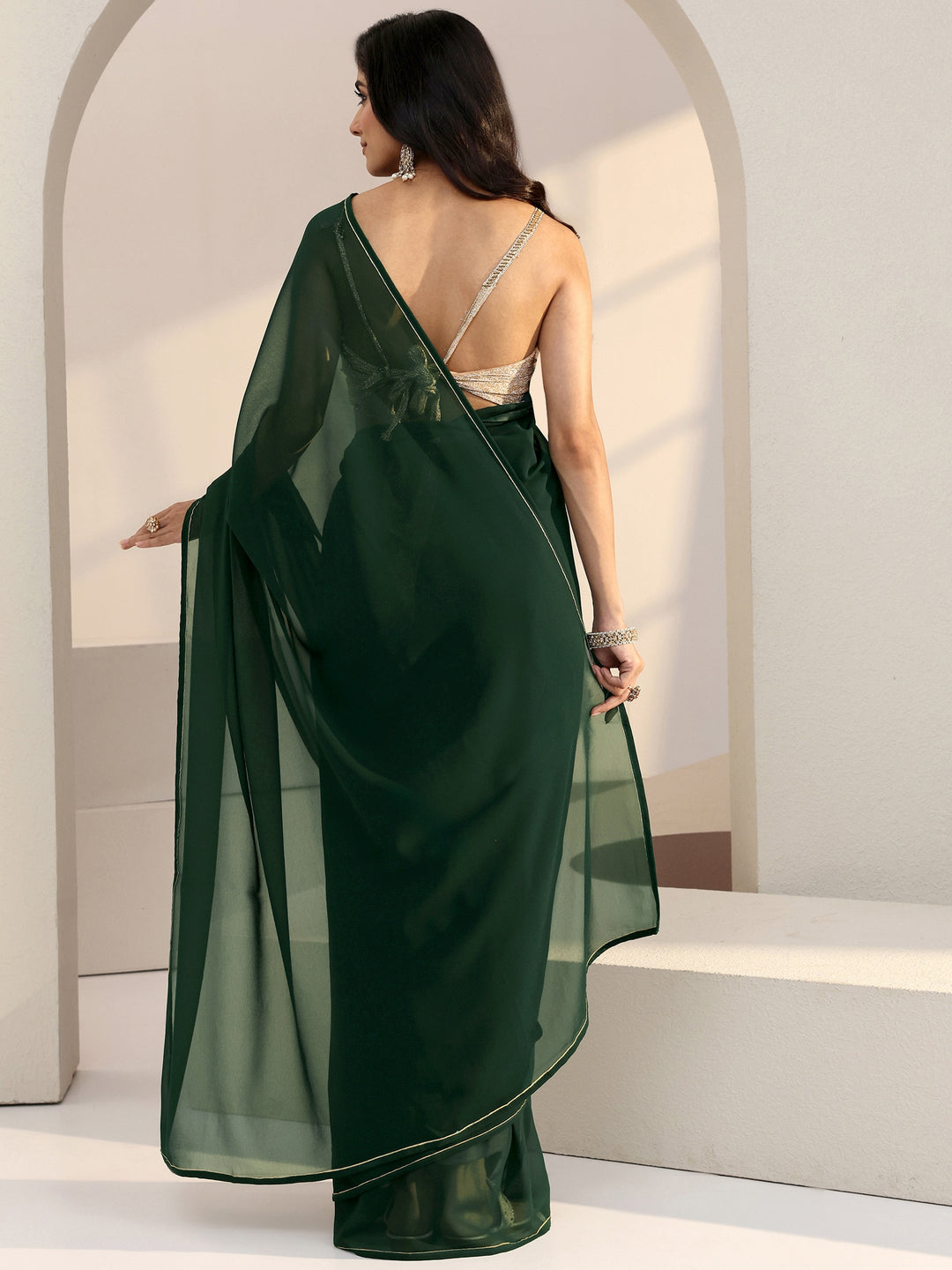  Forest Green Georgette Pre Draped Saree 