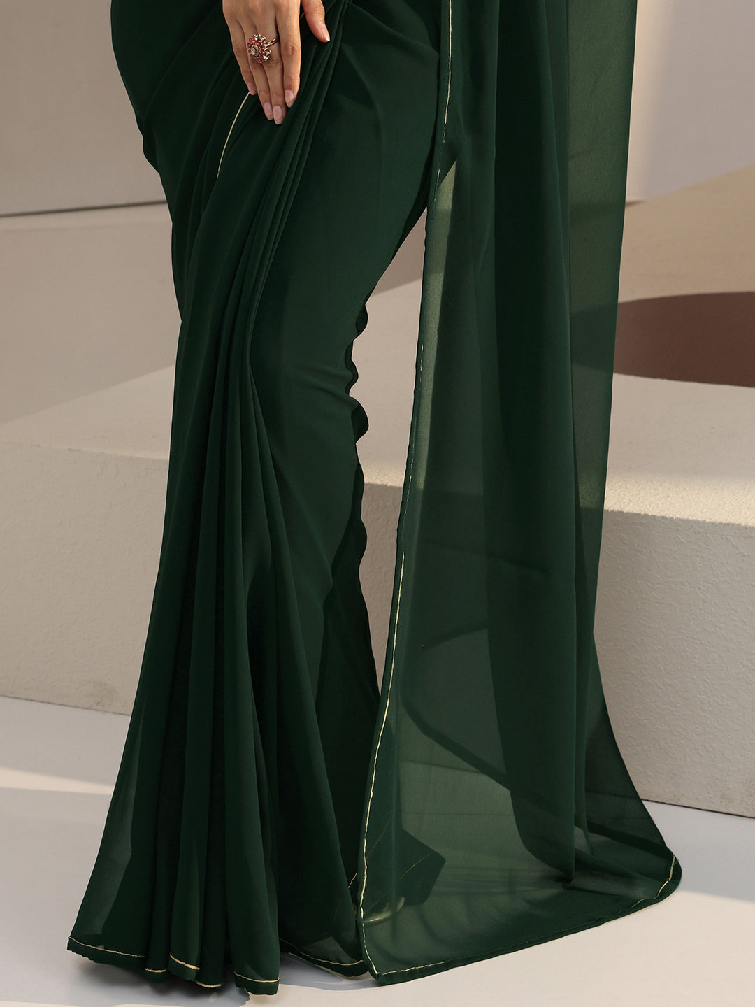  Forest Green Georgette Pre Draped Saree 