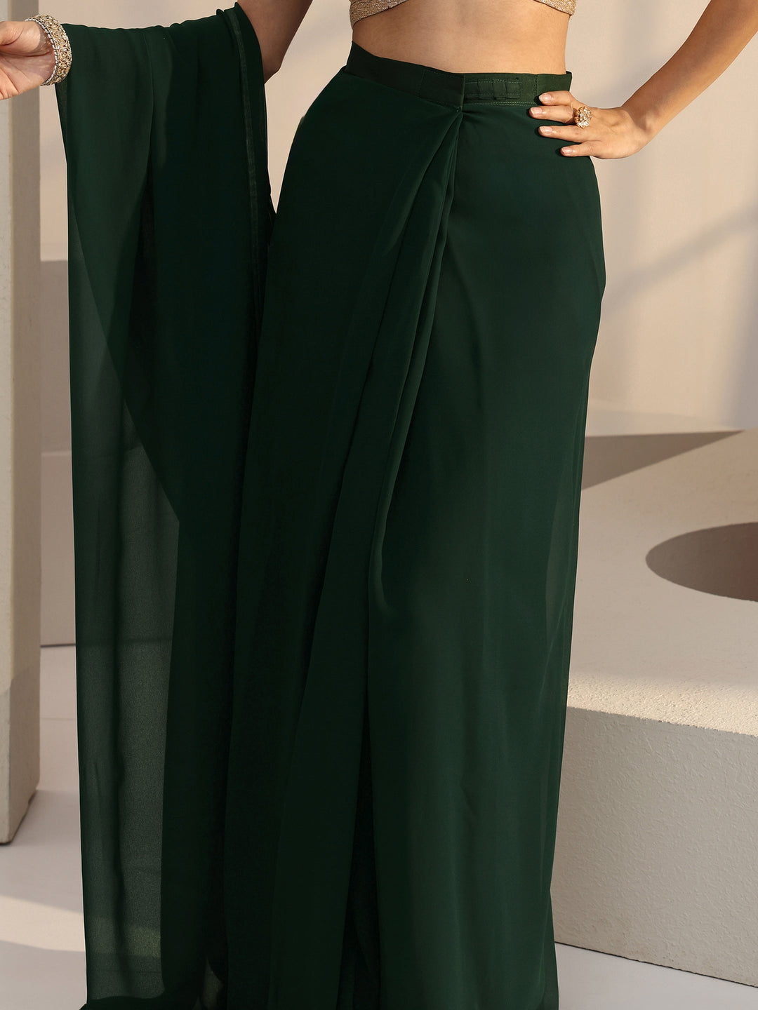  Forest Green Georgette Pre Draped Saree 