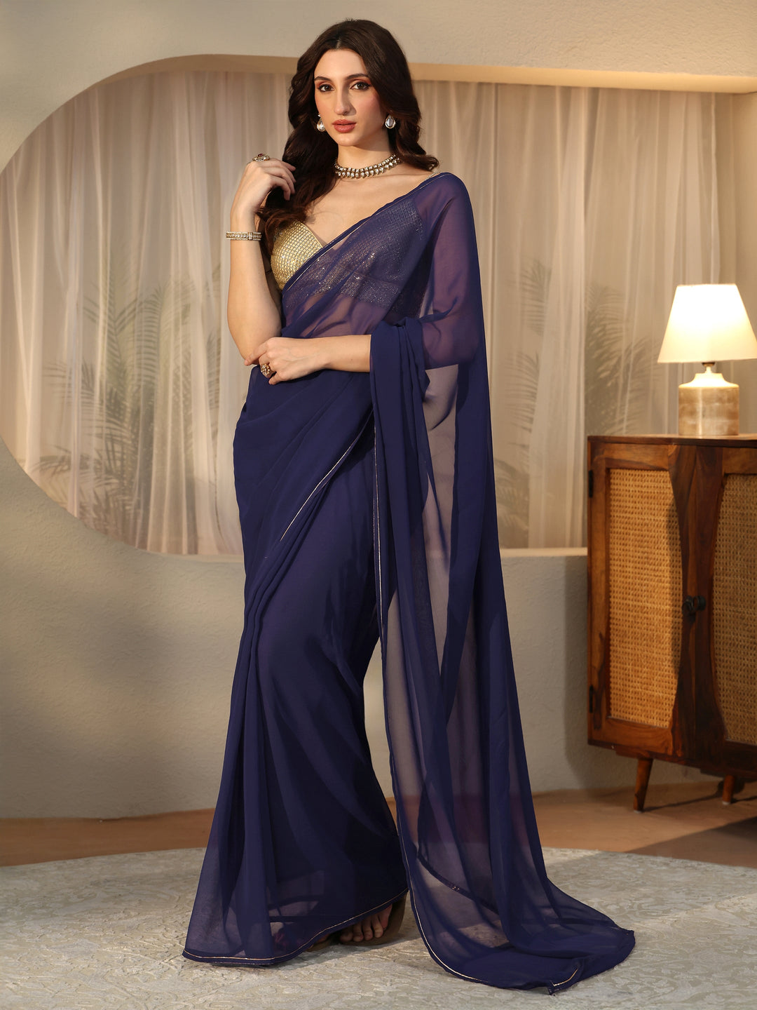  Midnight Blue Georgette Pre Draped Saree 