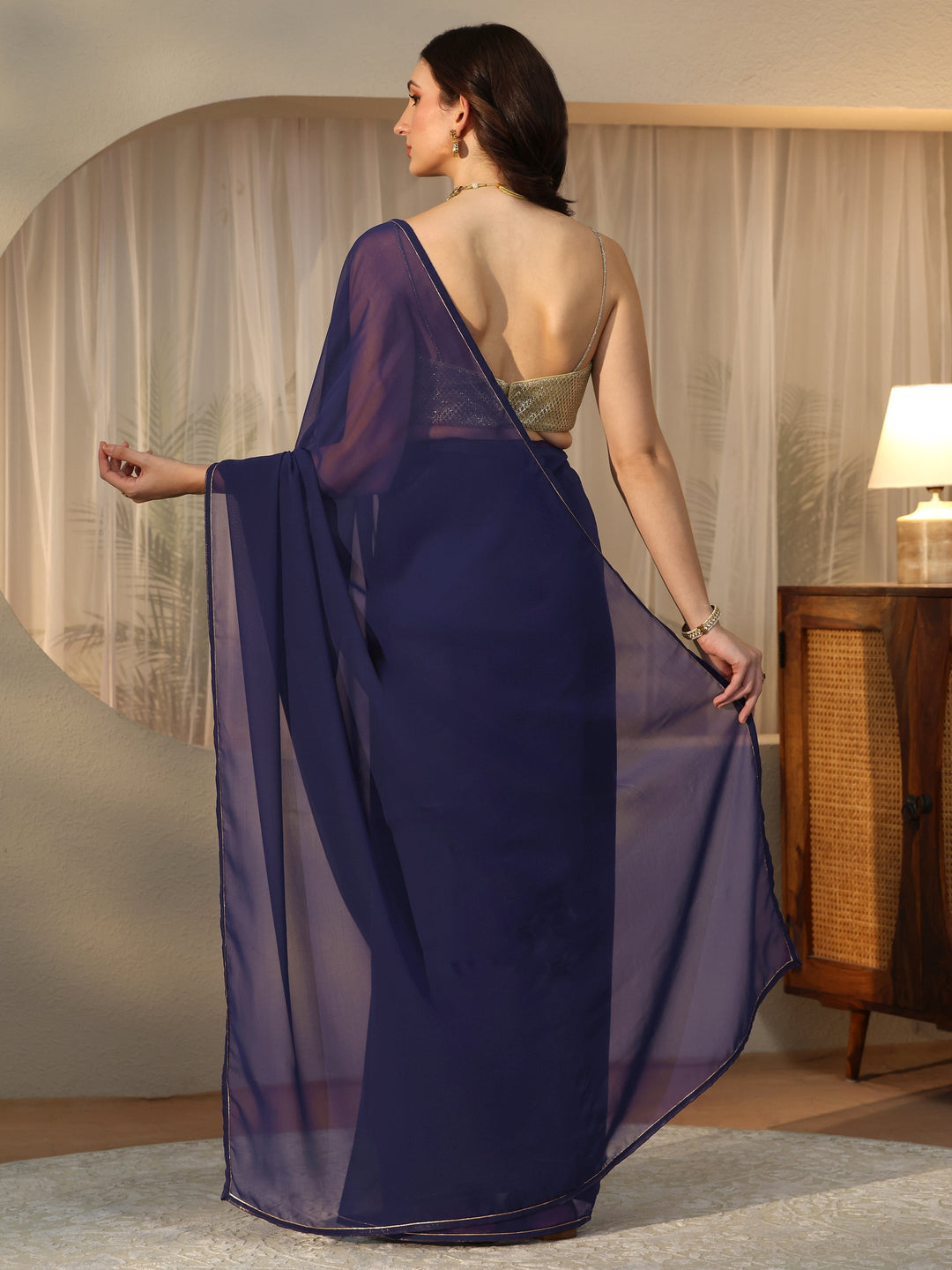  Midnight Blue Georgette Pre Draped Saree 
