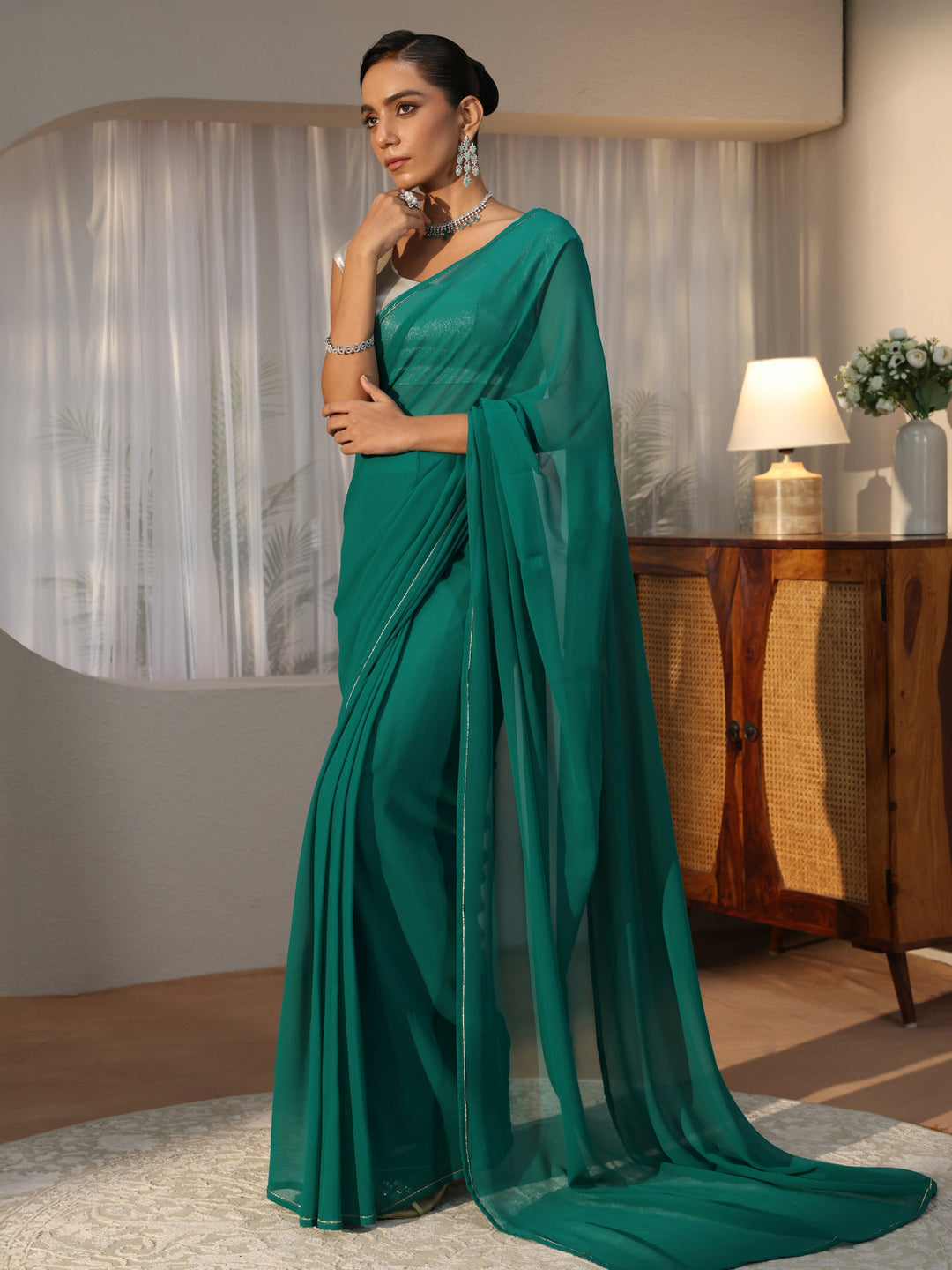  Teal Green Georgette Pre Draped Saree 