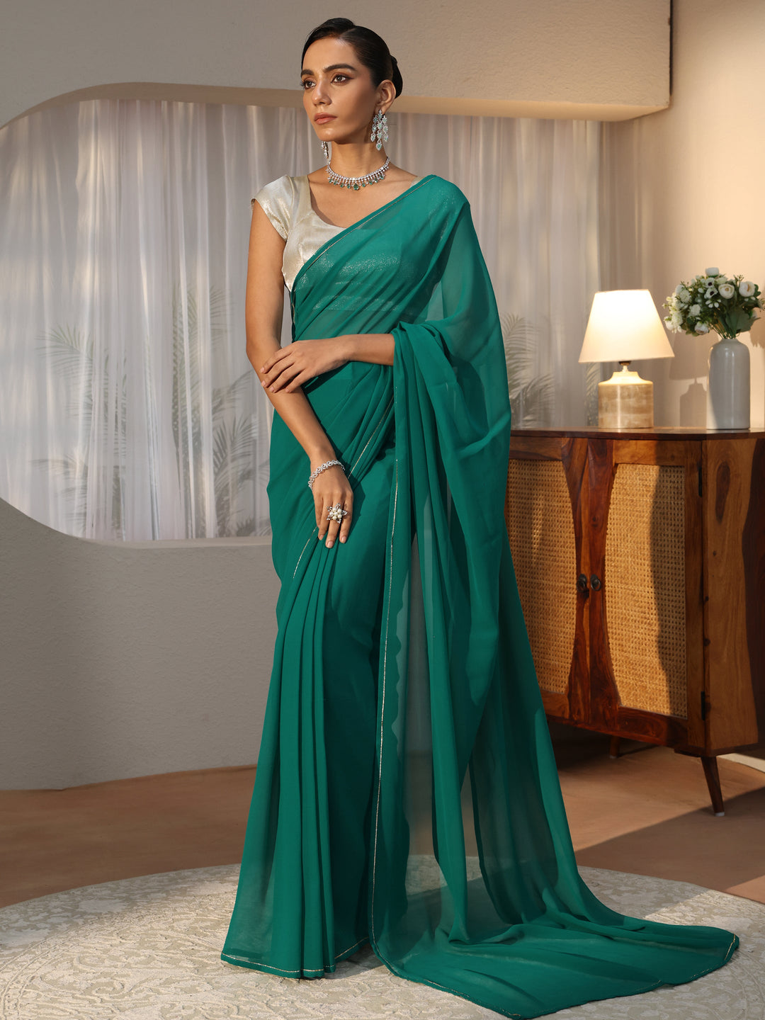  Teal Green Georgette Pre Draped Saree 