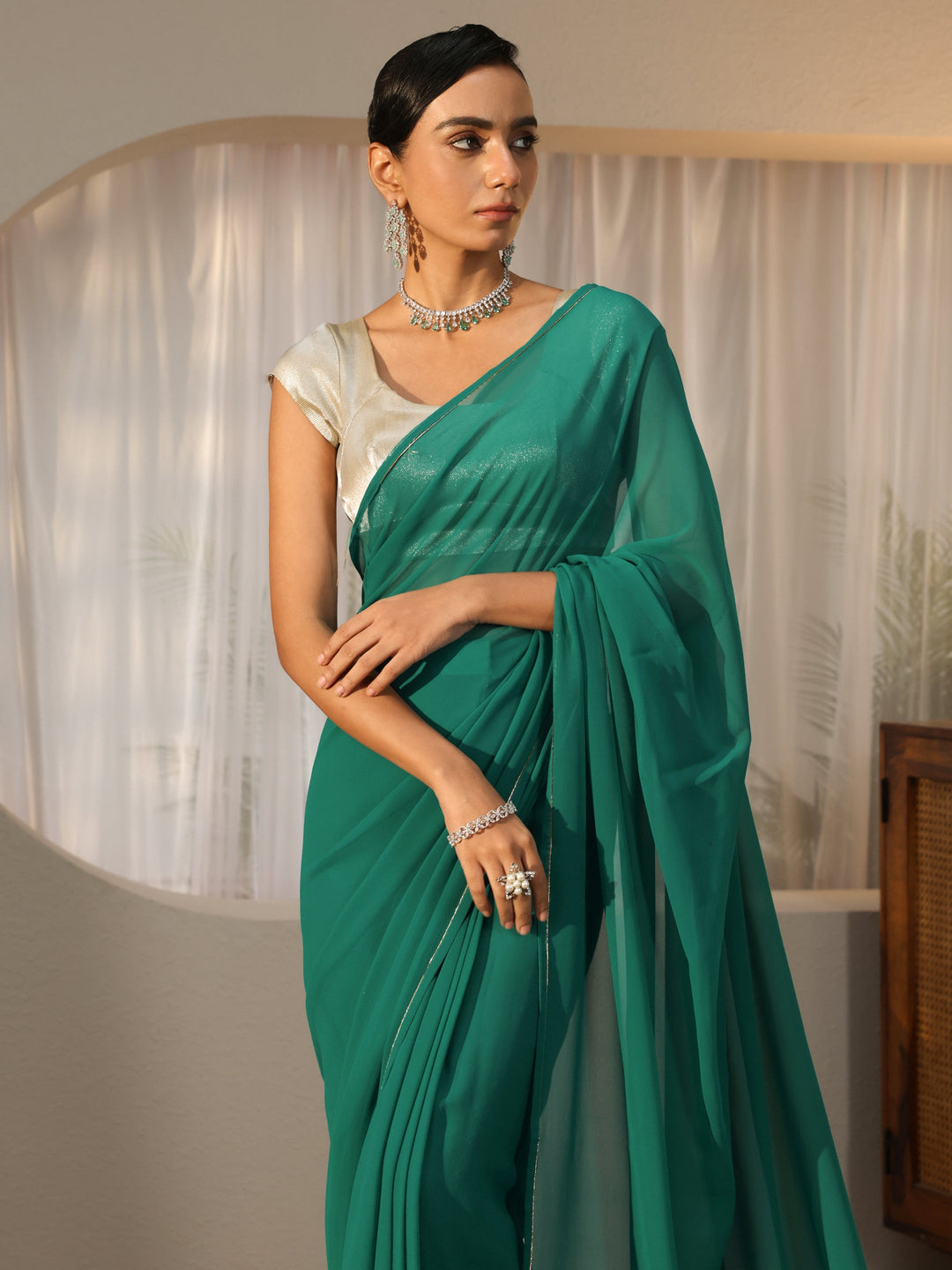 Teal Green Georgette Pre Draped Saree 