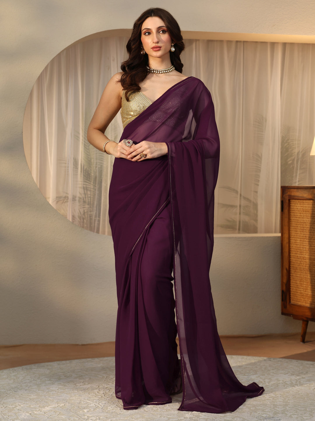  Burgundy Georgette Pre Draped Saree 