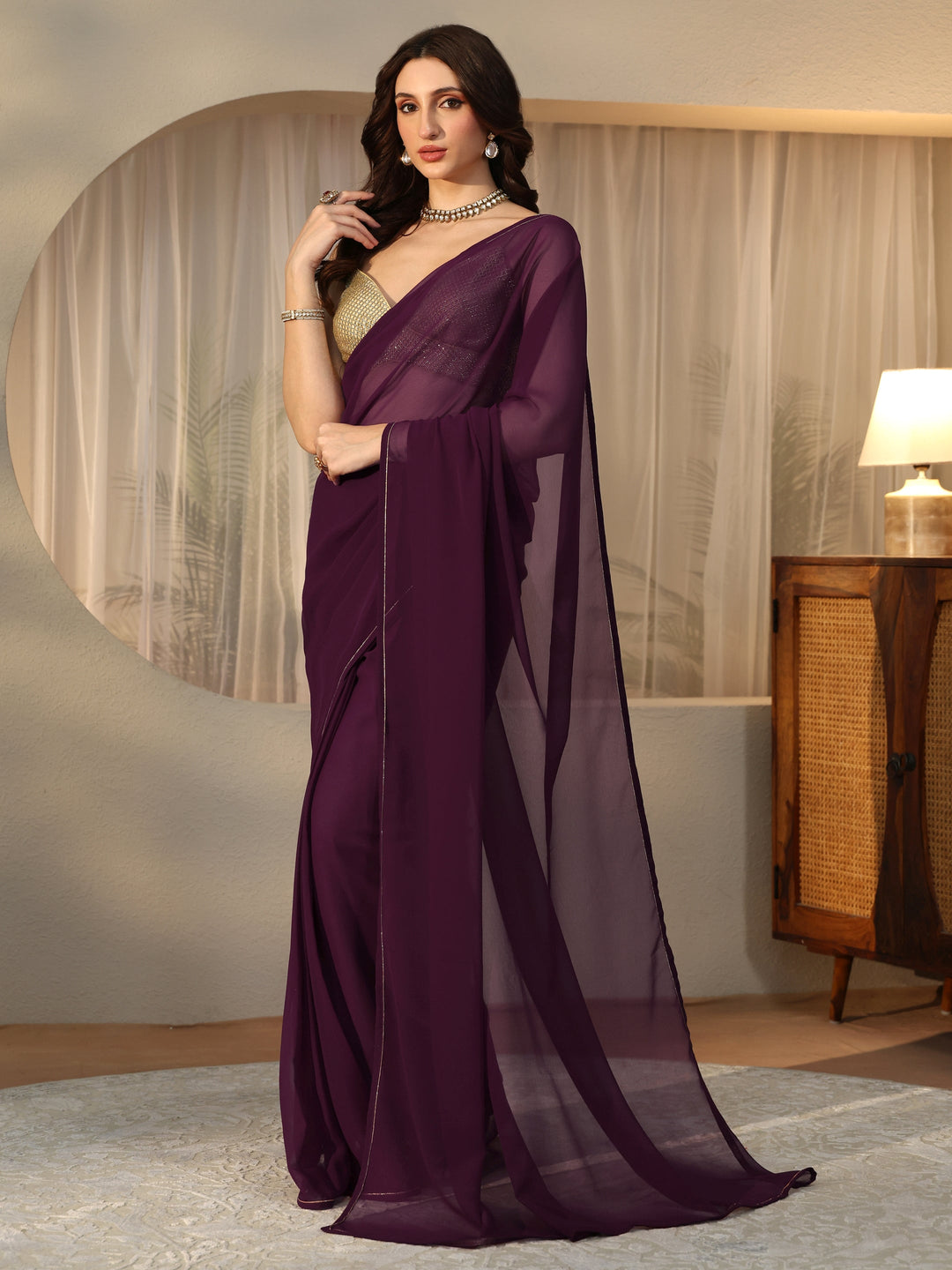  Burgundy Georgette Pre Draped Saree 
