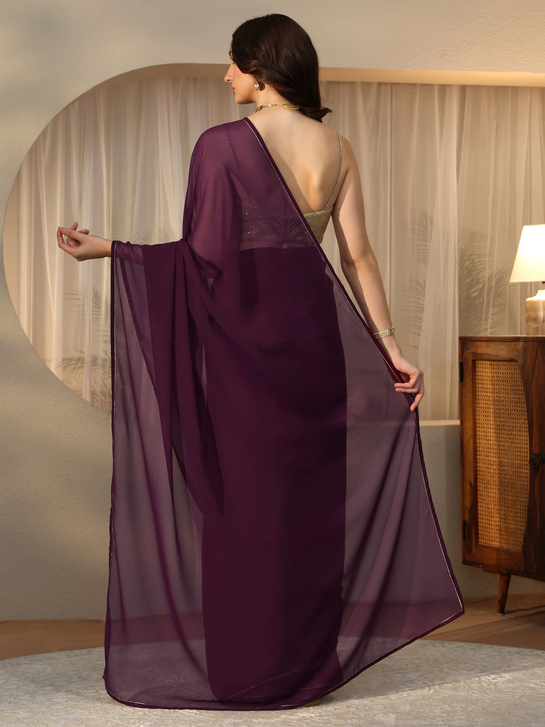  Burgundy Georgette Pre Draped Saree 