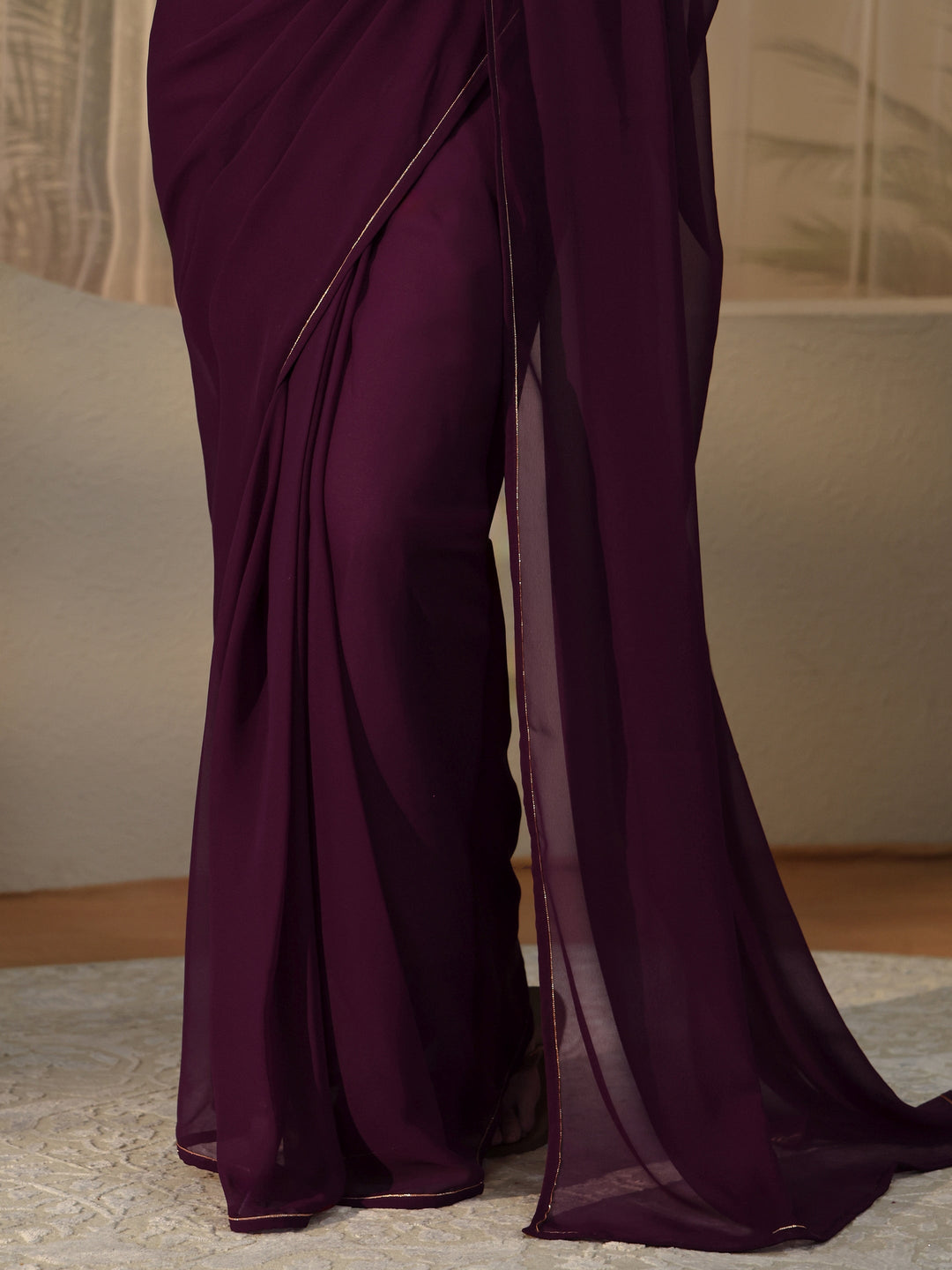  Burgundy Georgette Pre Draped Saree 