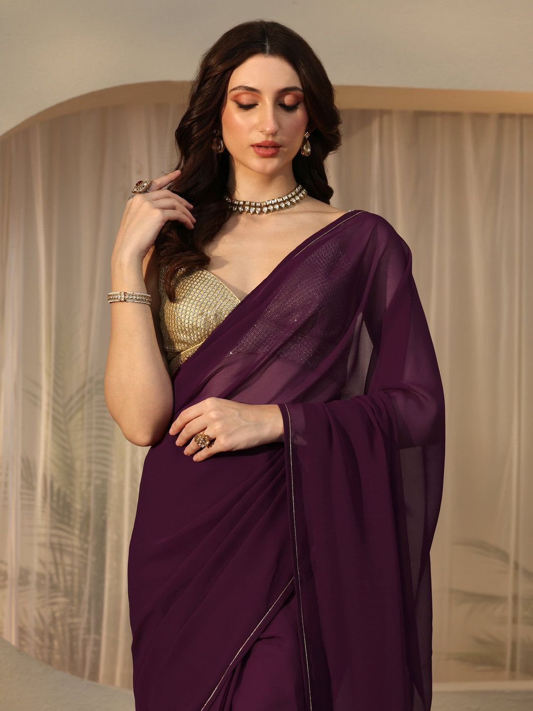  Burgundy Georgette Pre Draped Saree 