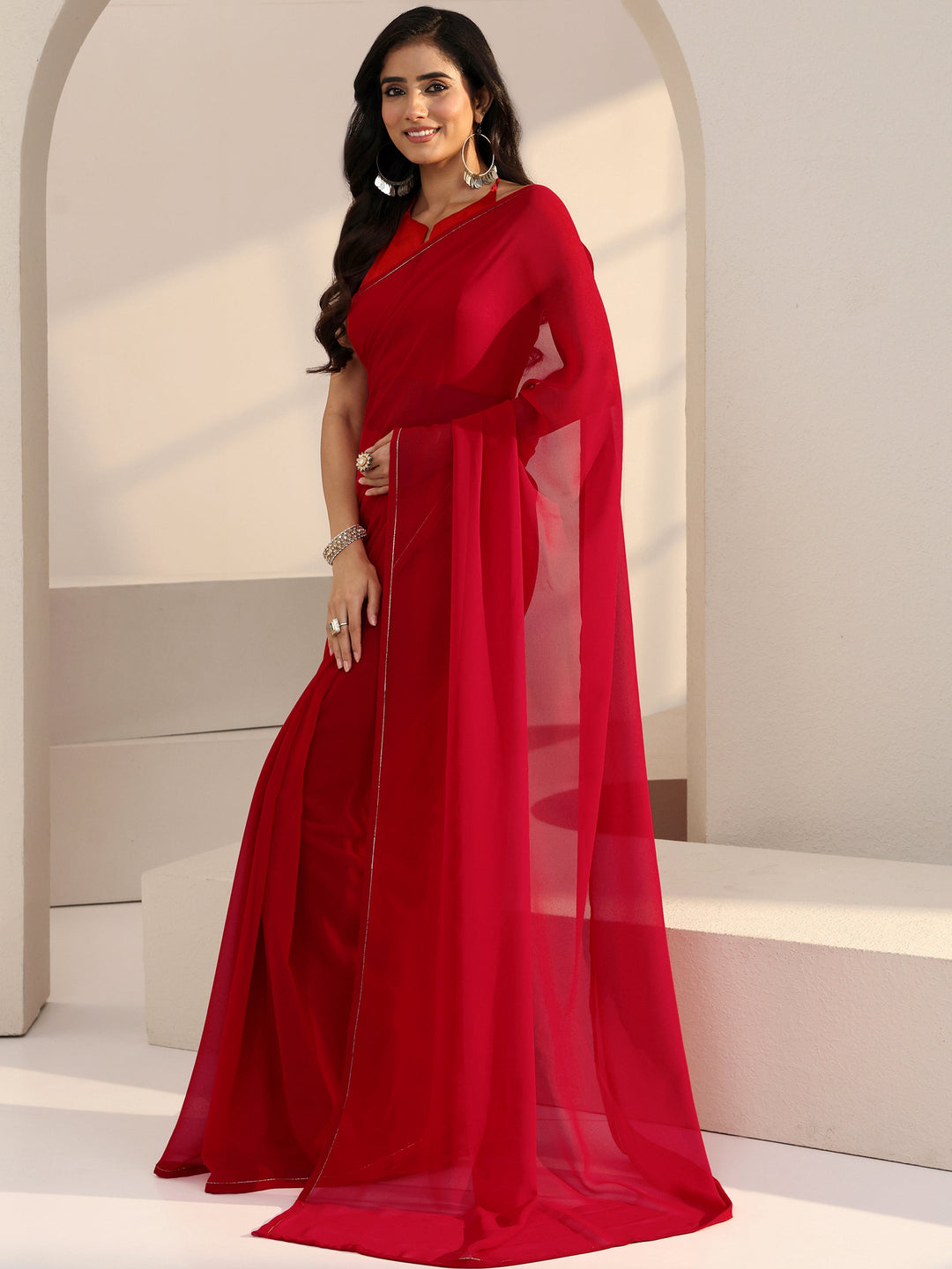  Hot Pink Georgette Pre Draped Saree 