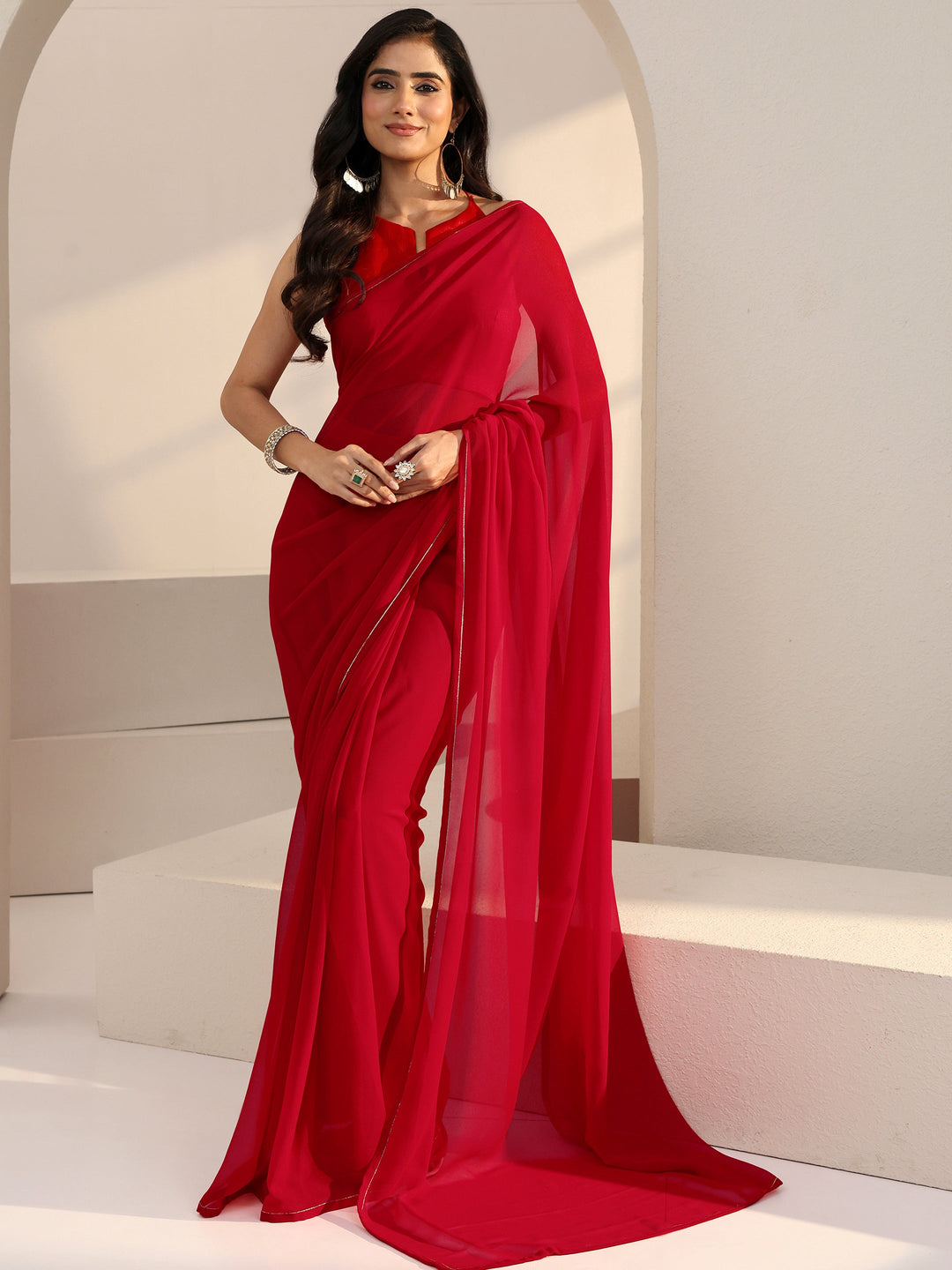  Hot Pink Georgette Pre Draped Saree 
