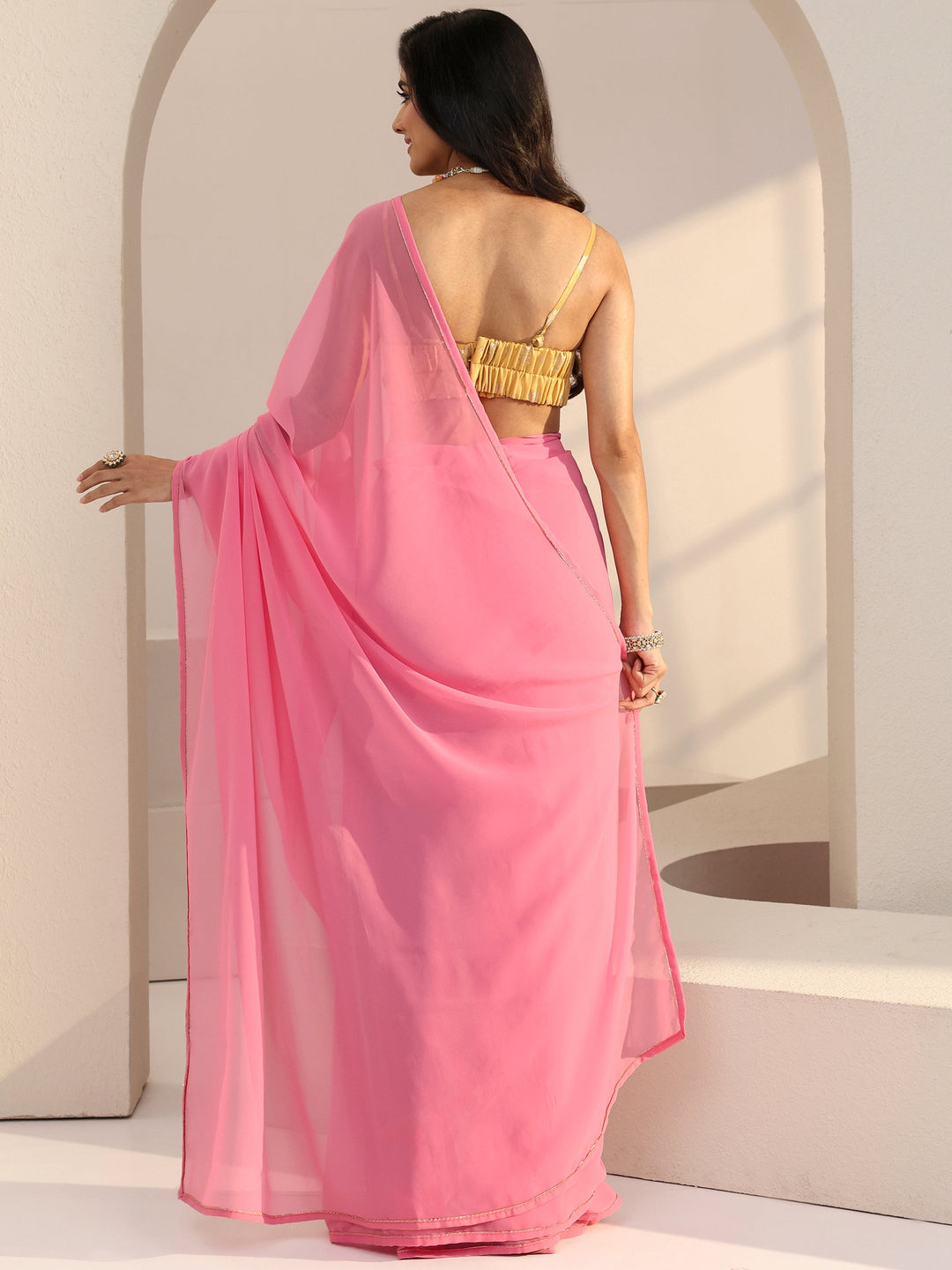  French Rose Pink Georgette Pre Draped Saree 