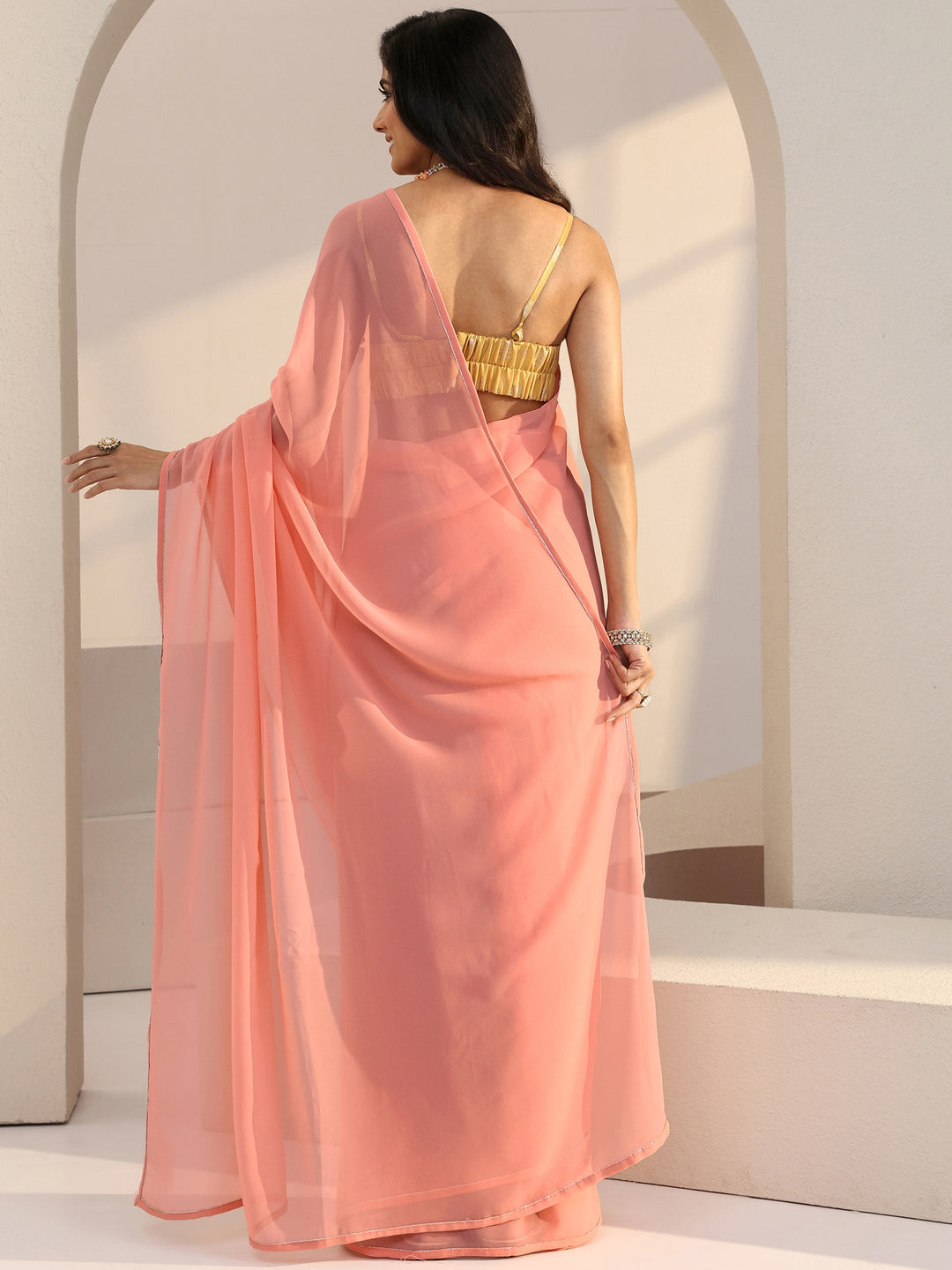  Light Peach Georgette Pre Draped Saree 