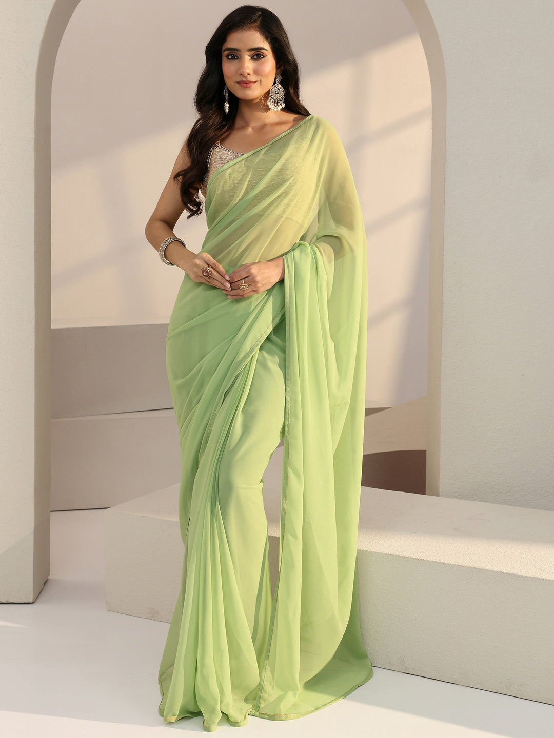  Light Green Georgette Pre Draped Saree 