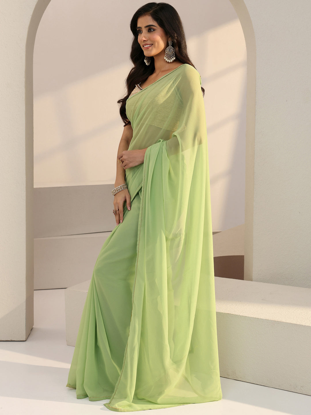  Light Green Georgette Pre Draped Saree 