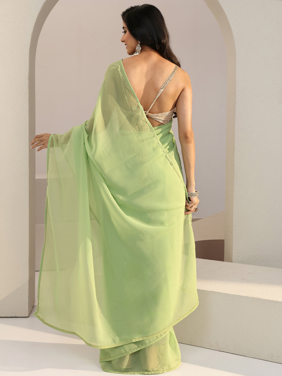  Light Green Georgette Pre Draped Saree 