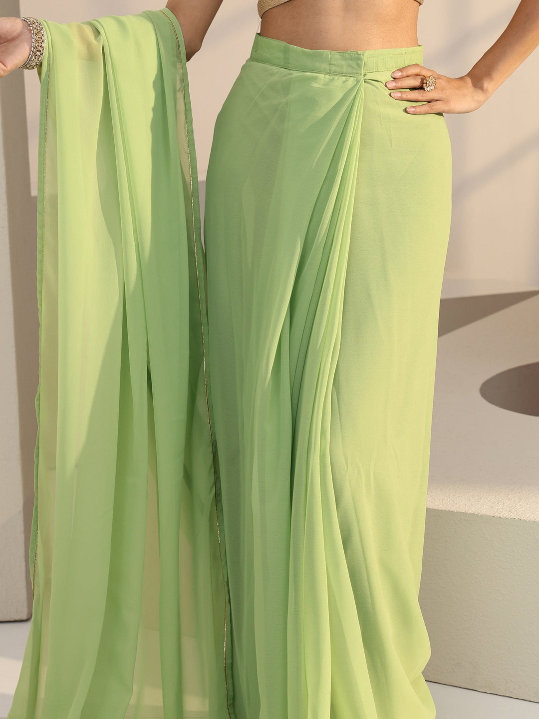  Light Green Georgette Pre Draped Saree 