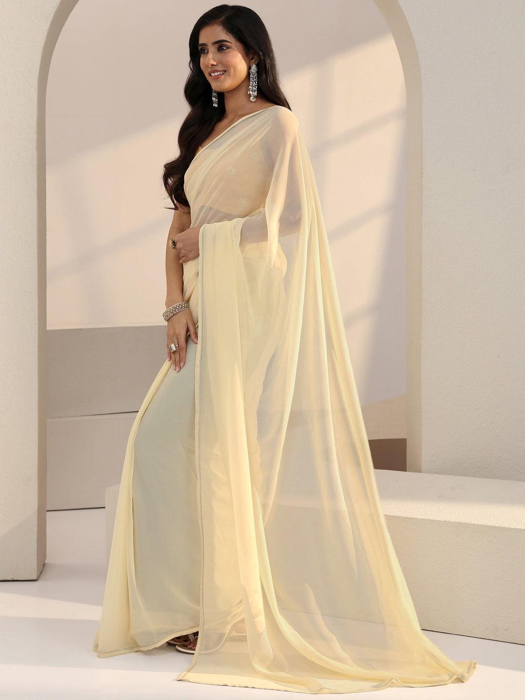  Cream Georgette Pre Draped Saree 