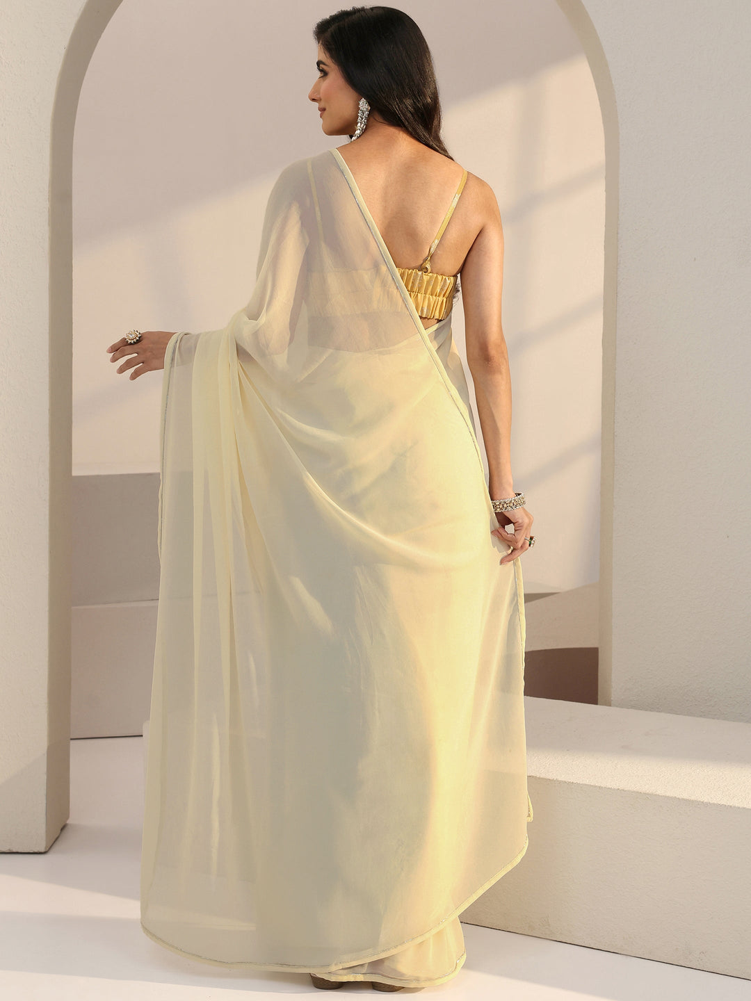  Cream Georgette Pre Draped Saree 