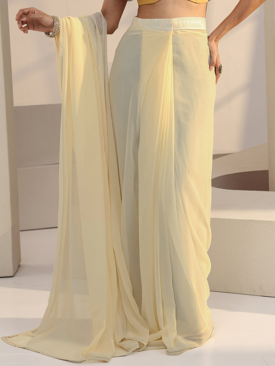  Cream Georgette Pre Draped Saree 