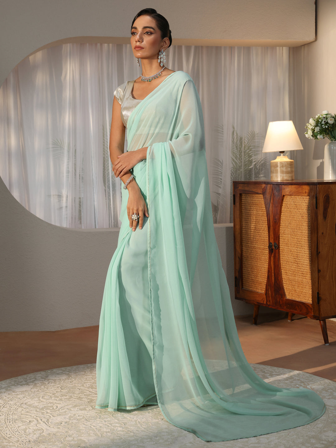  Powder Blue Georgette Pre Draped Saree 