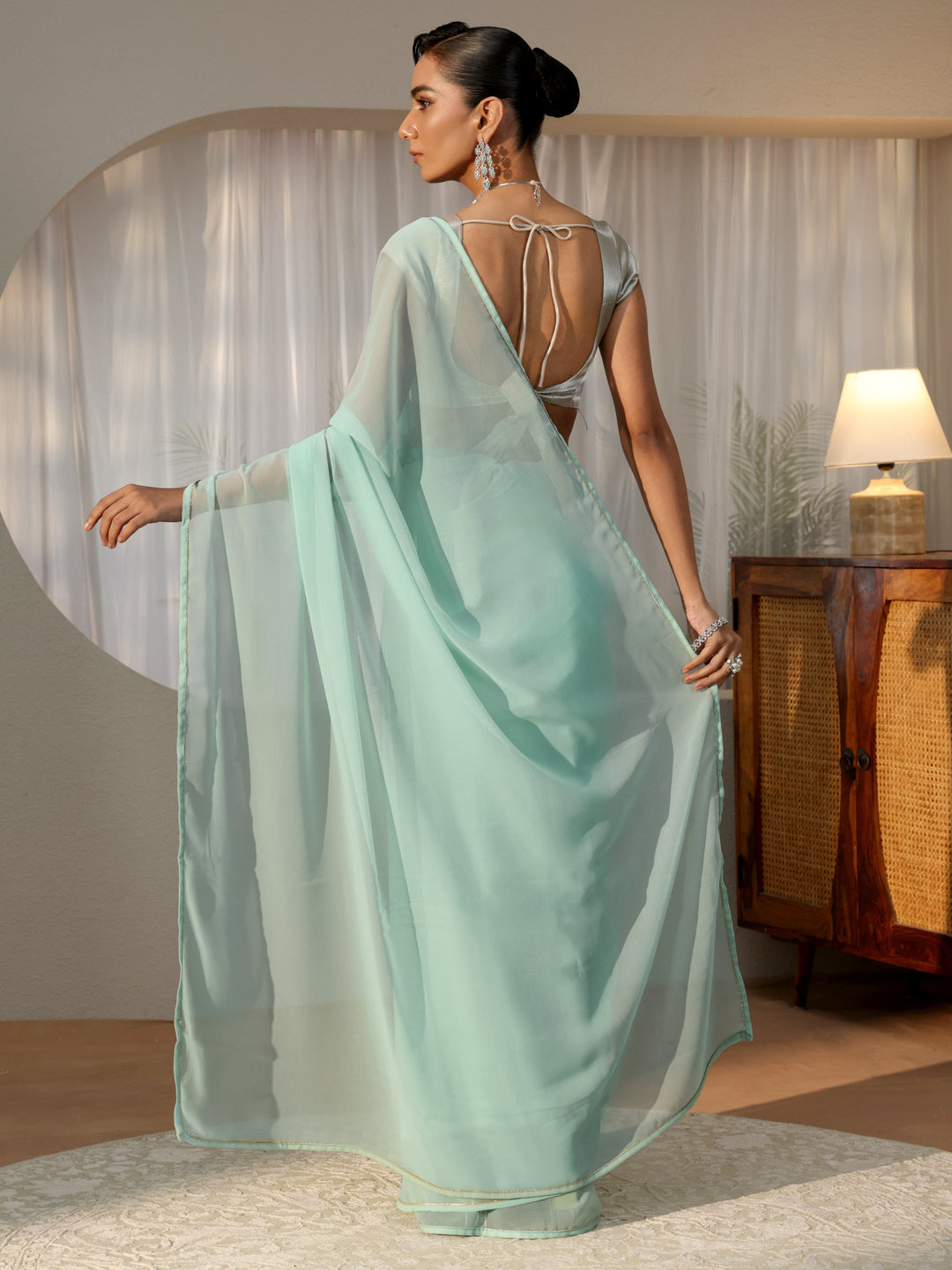  Powder Blue Georgette Pre Draped Saree 