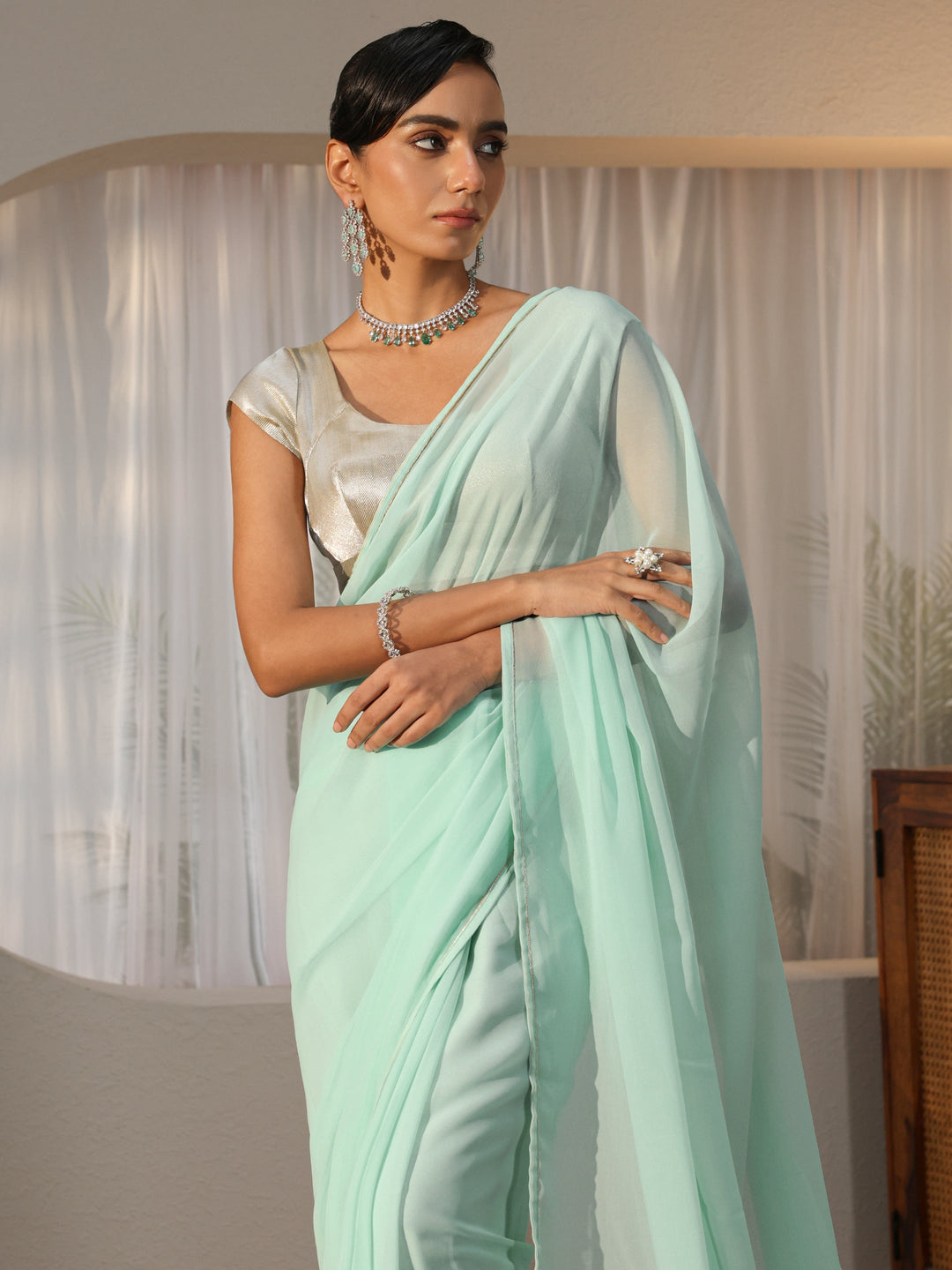  Powder Blue Georgette Pre Draped Saree 