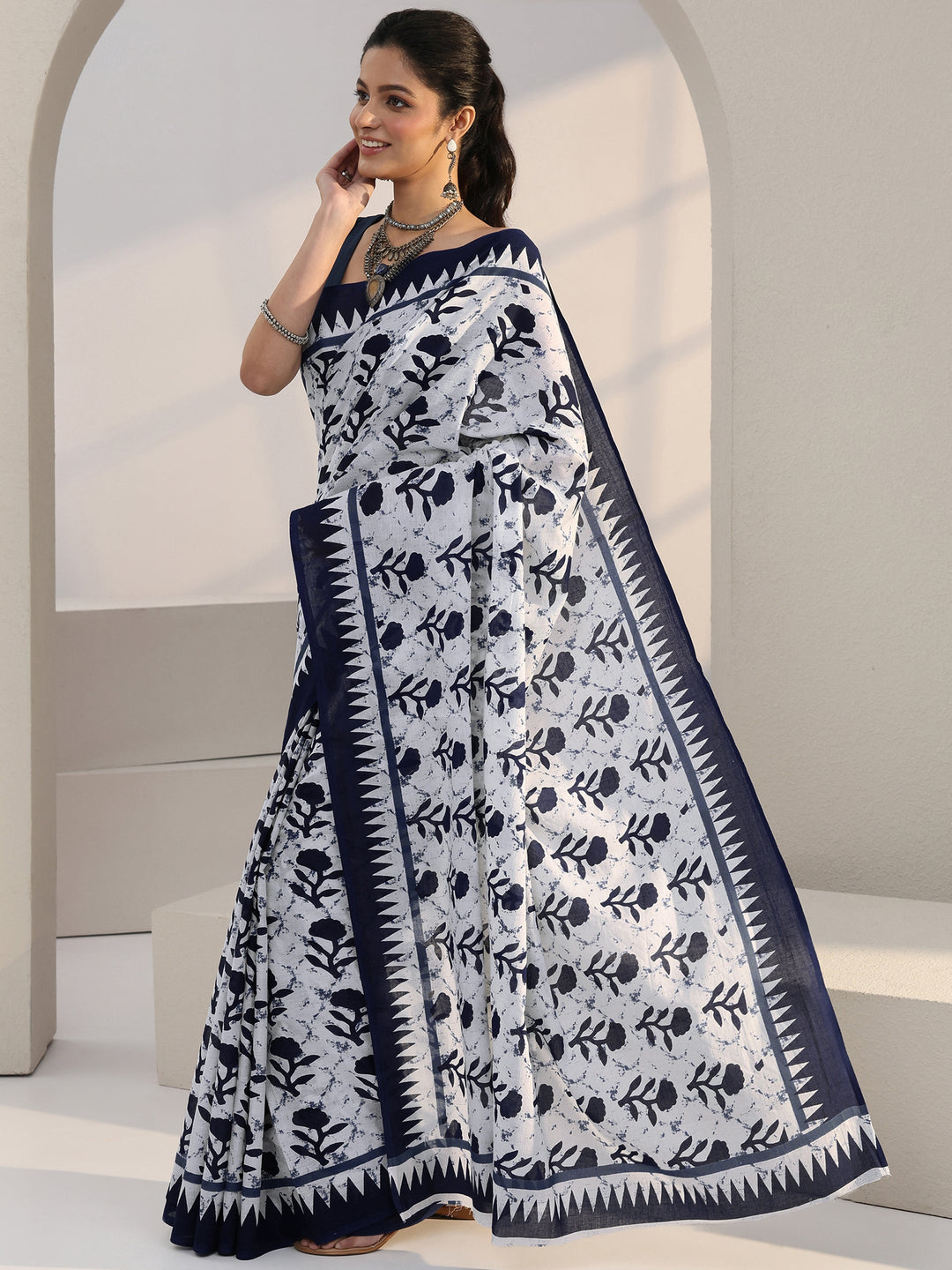  White Floral Print Batik Cotton Saree 