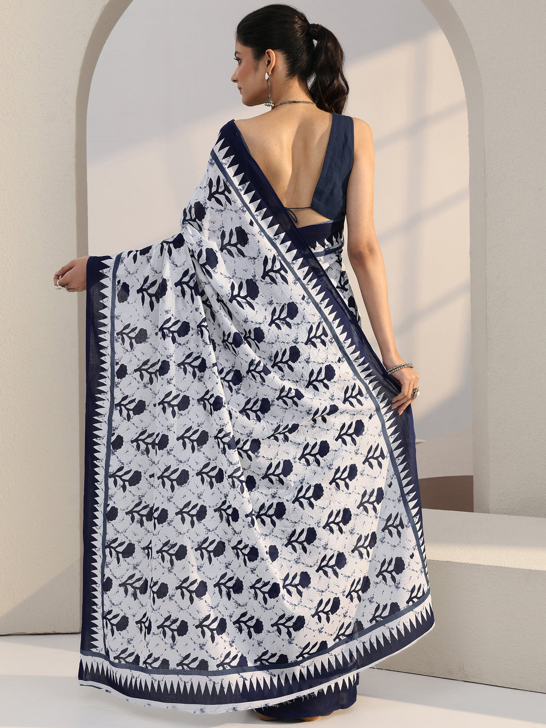  White Floral Print Batik Cotton Saree 