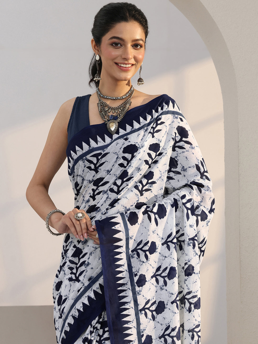  White Floral Print Batik Cotton Saree 