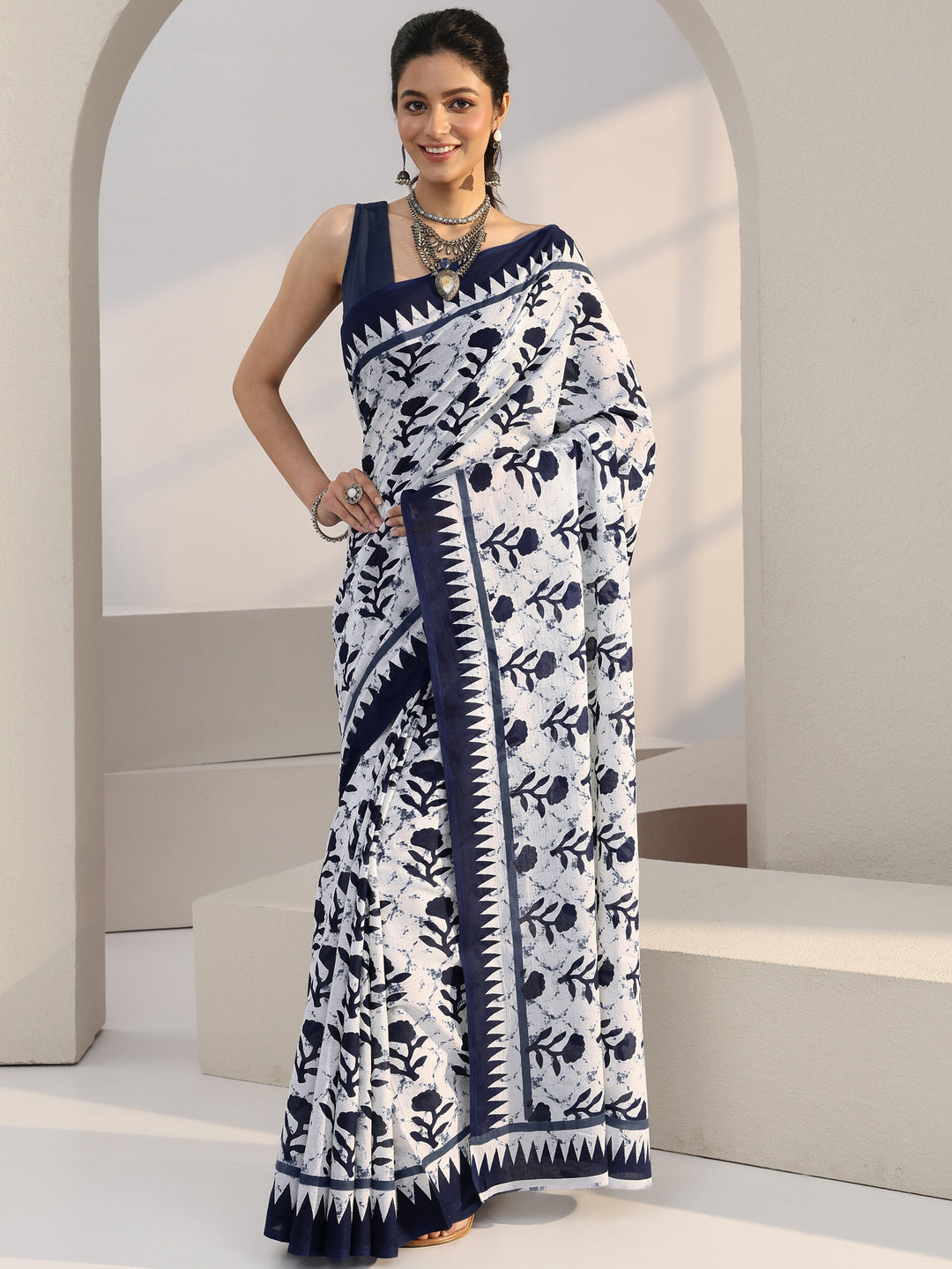  White Floral Print Batik Cotton Saree 