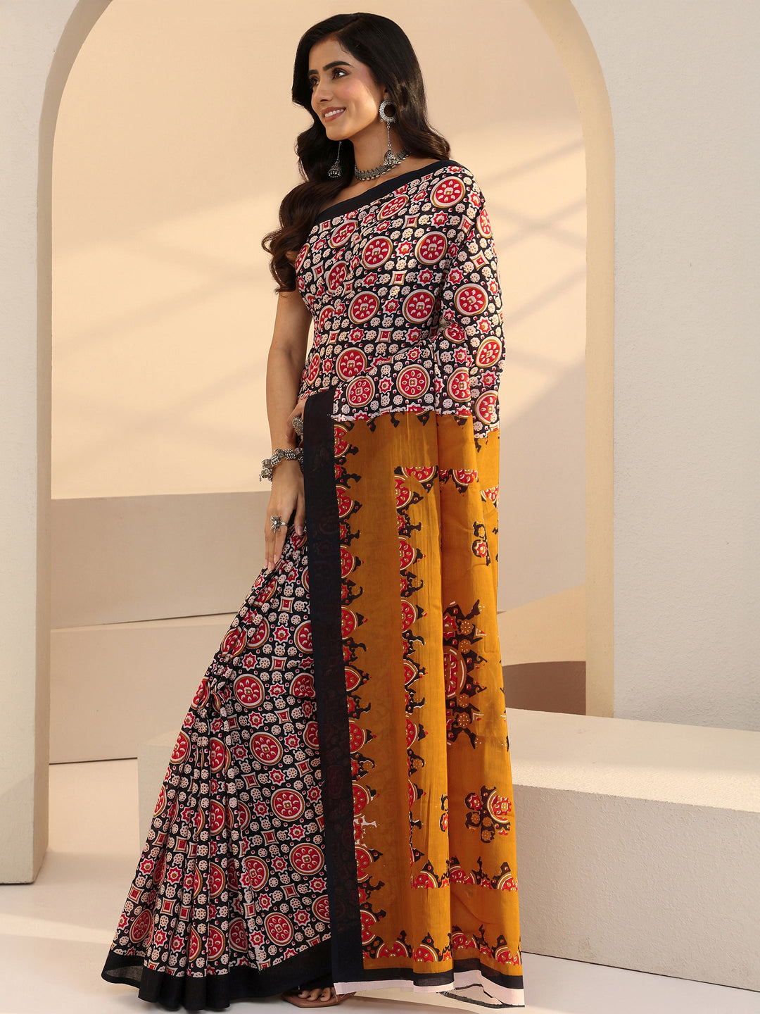  Black Ajrakh Print Cotton Saree 