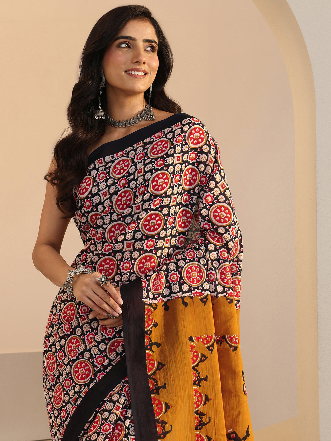  Black Ajrakh Print Cotton Saree 