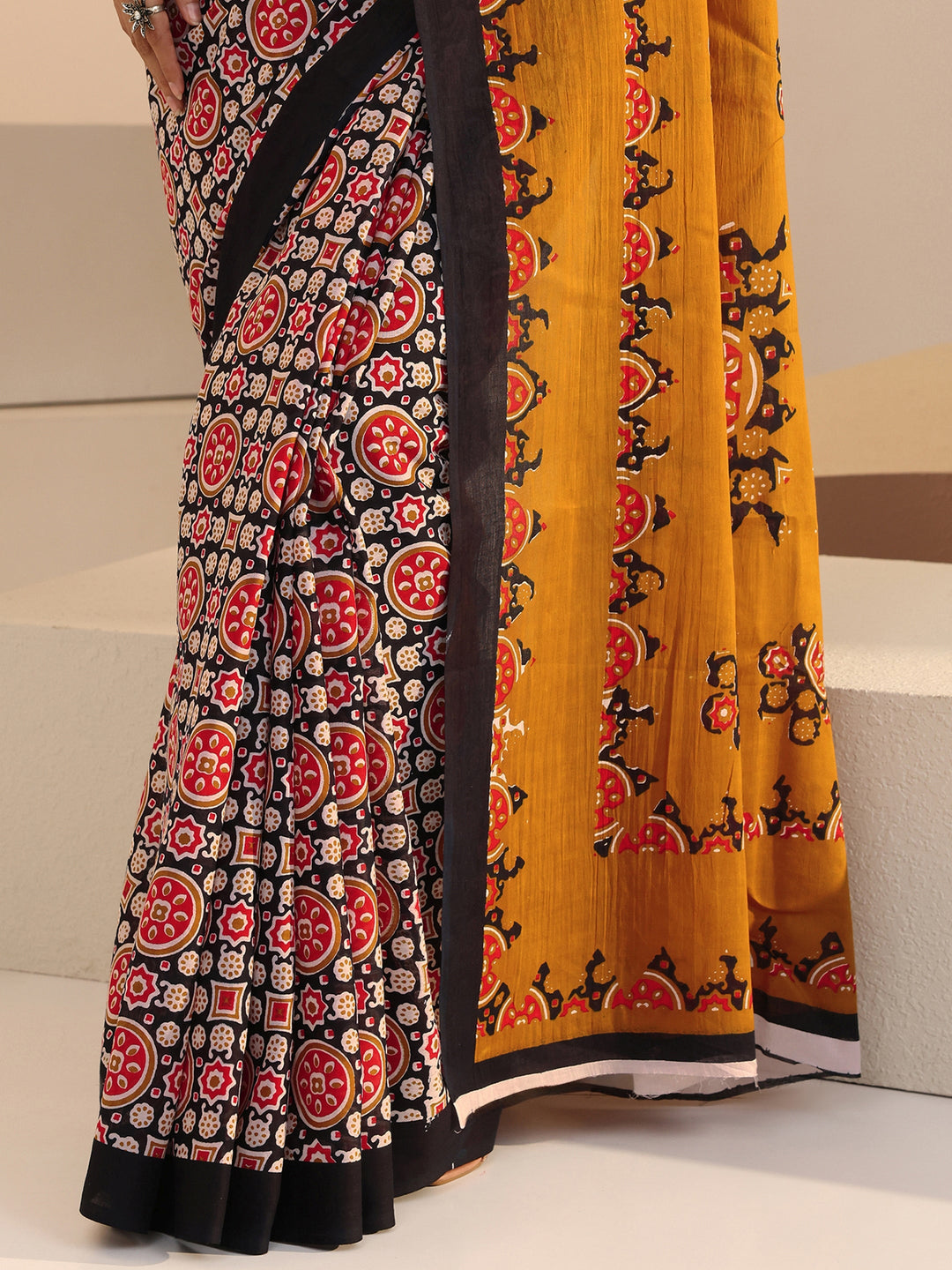  Black Ajrakh Print Cotton Saree 