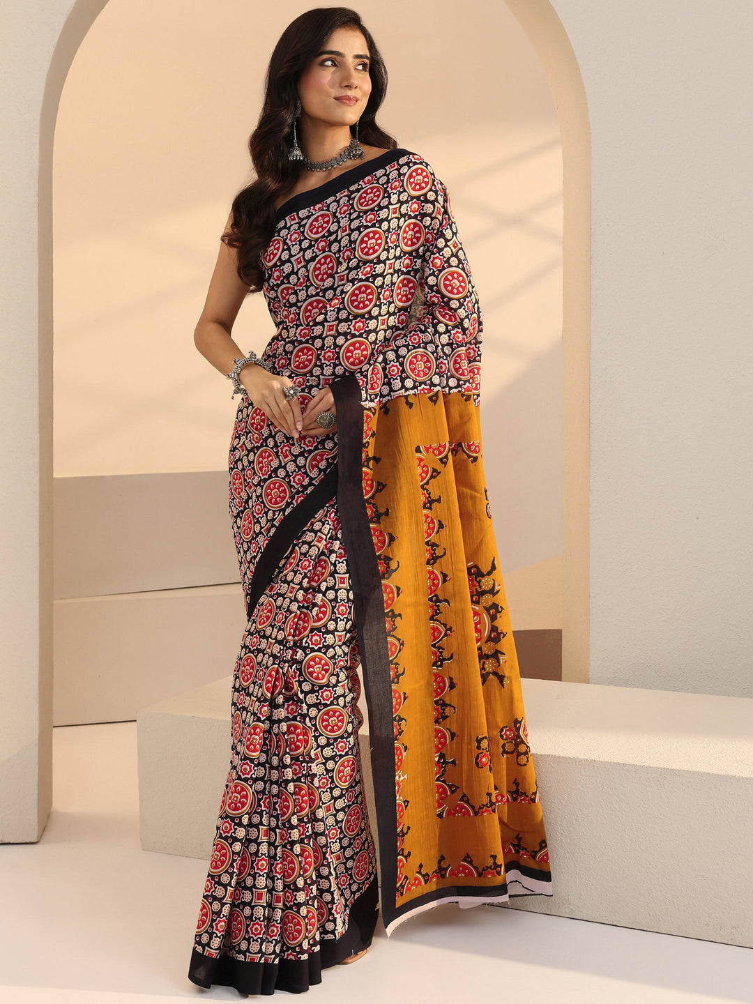  Black Ajrakh Print Cotton Saree 