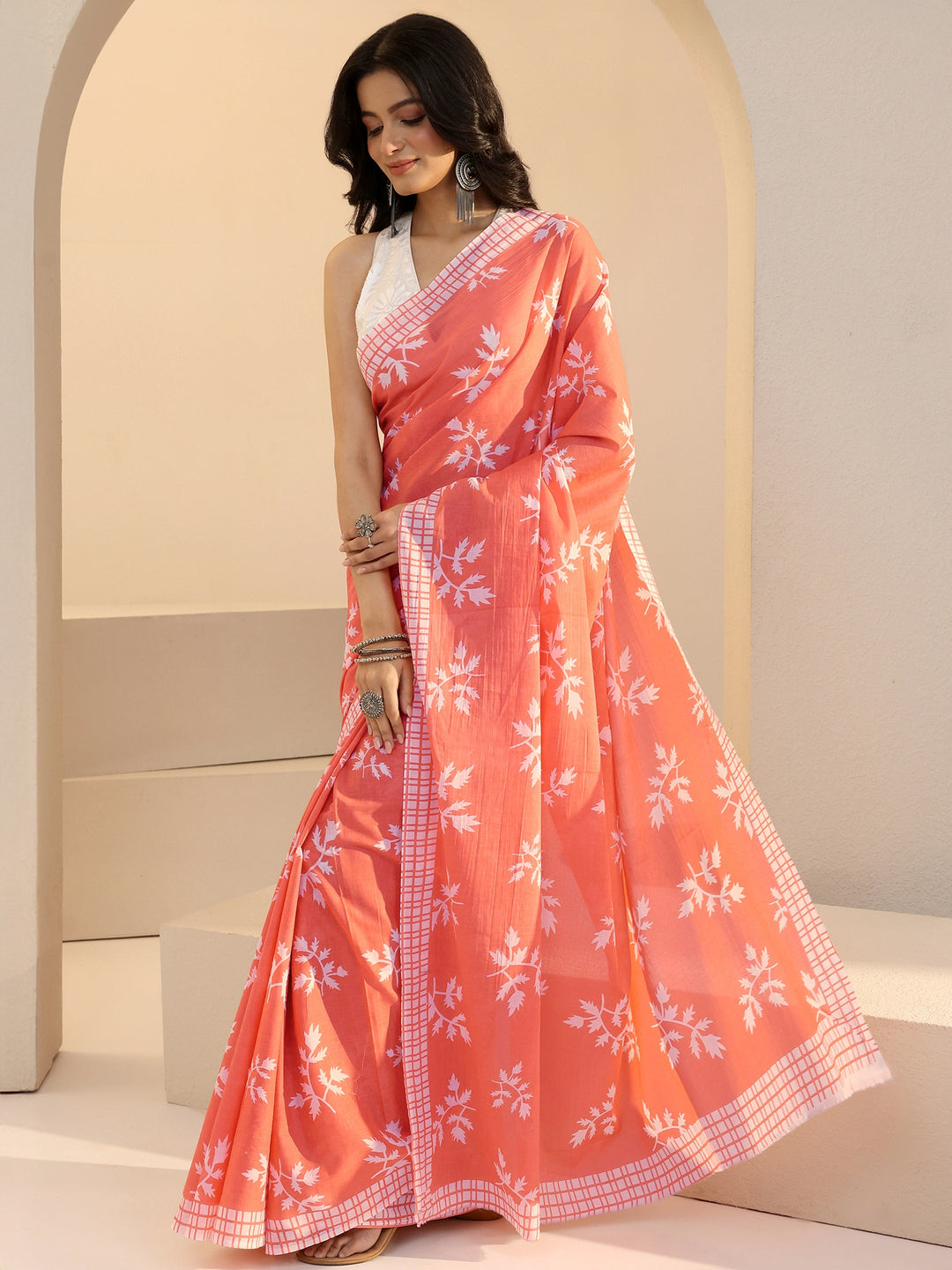  Salmon Orange Fern Print Cotton Saree 