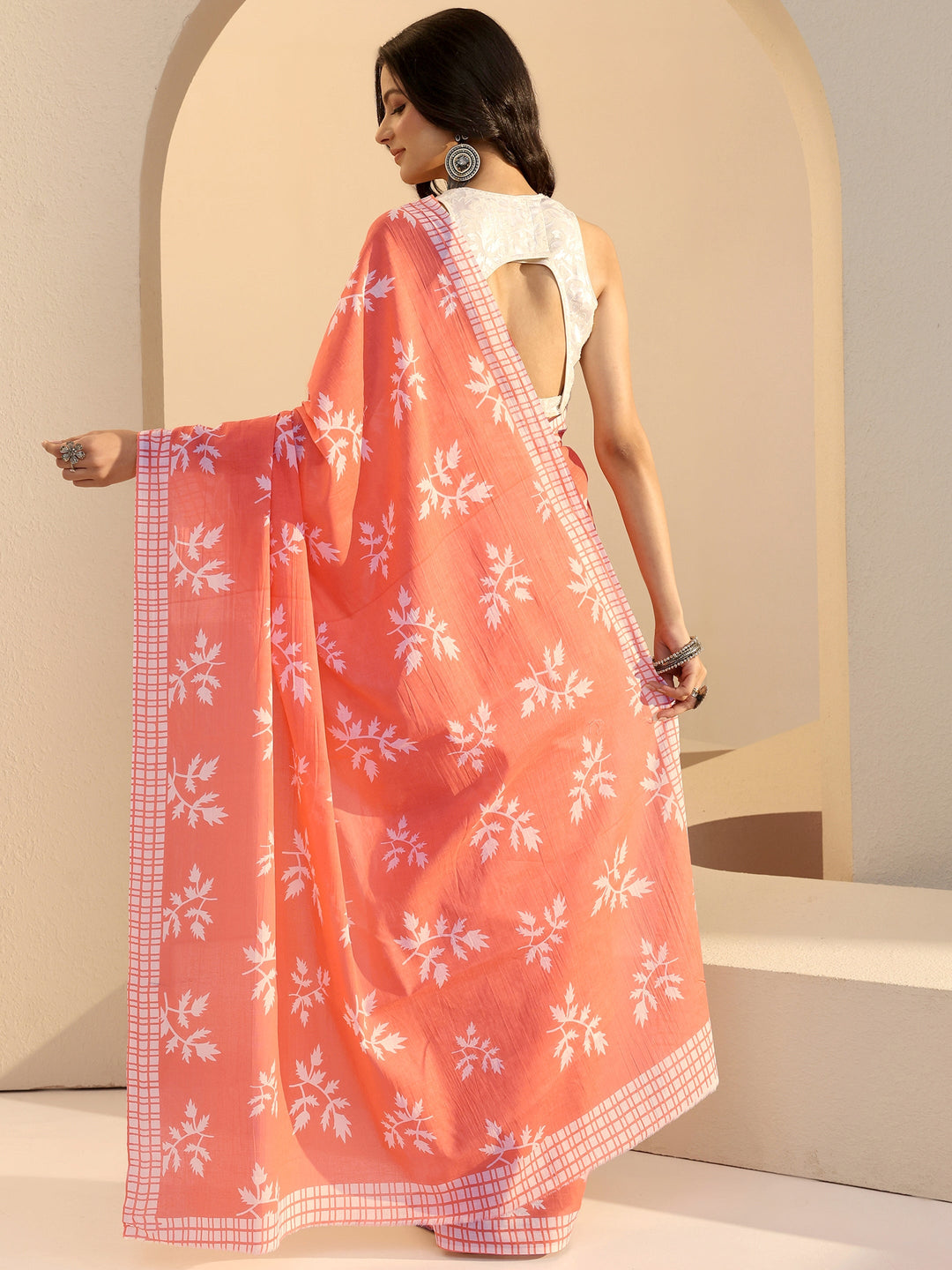  Salmon Orange Fern Print Cotton Saree 