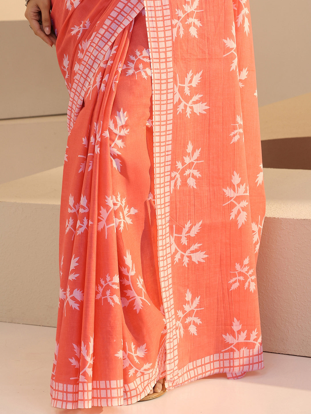  Salmon Orange Fern Print Cotton Saree 