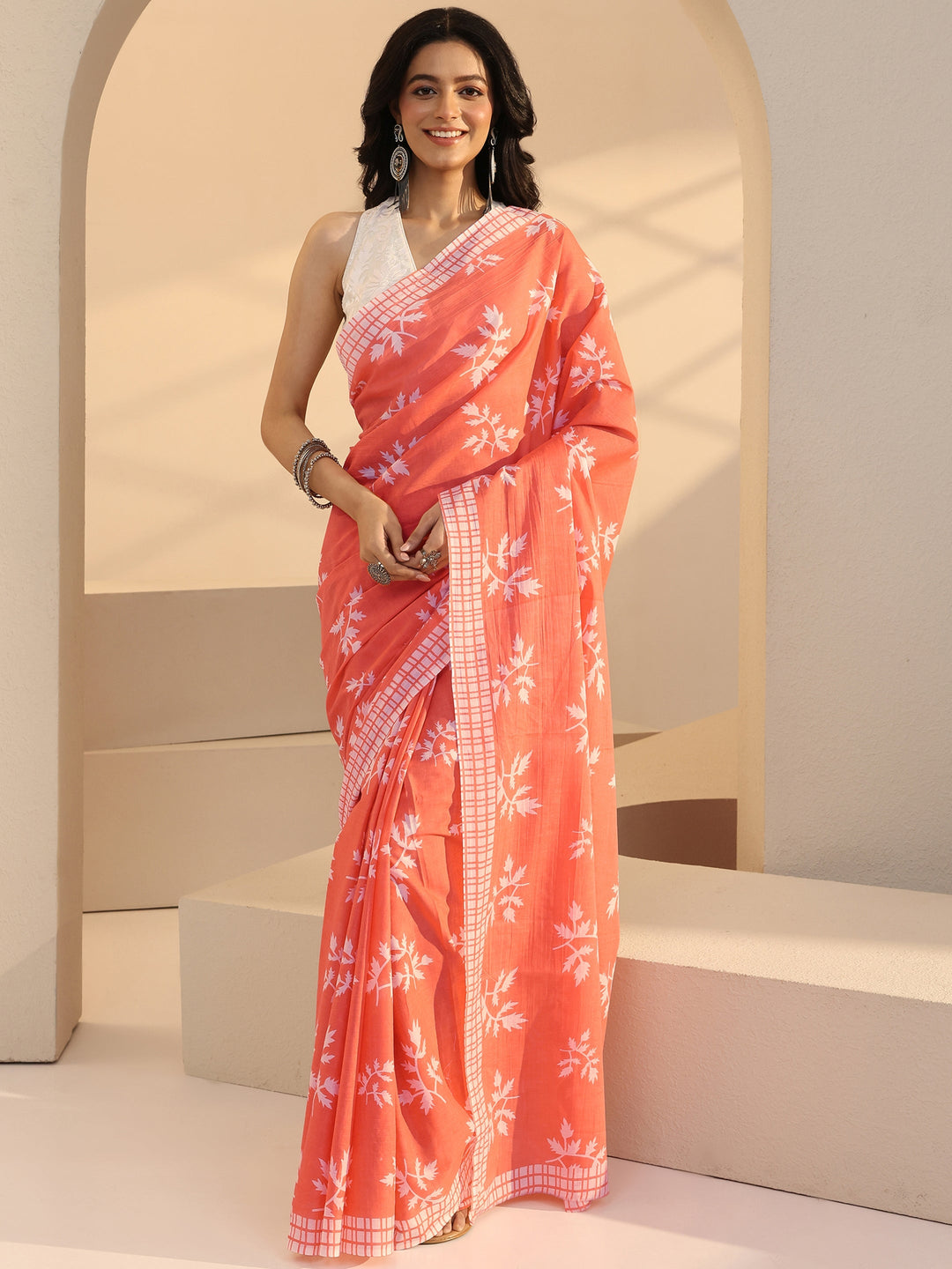  Salmon Orange Fern Print Cotton Saree 