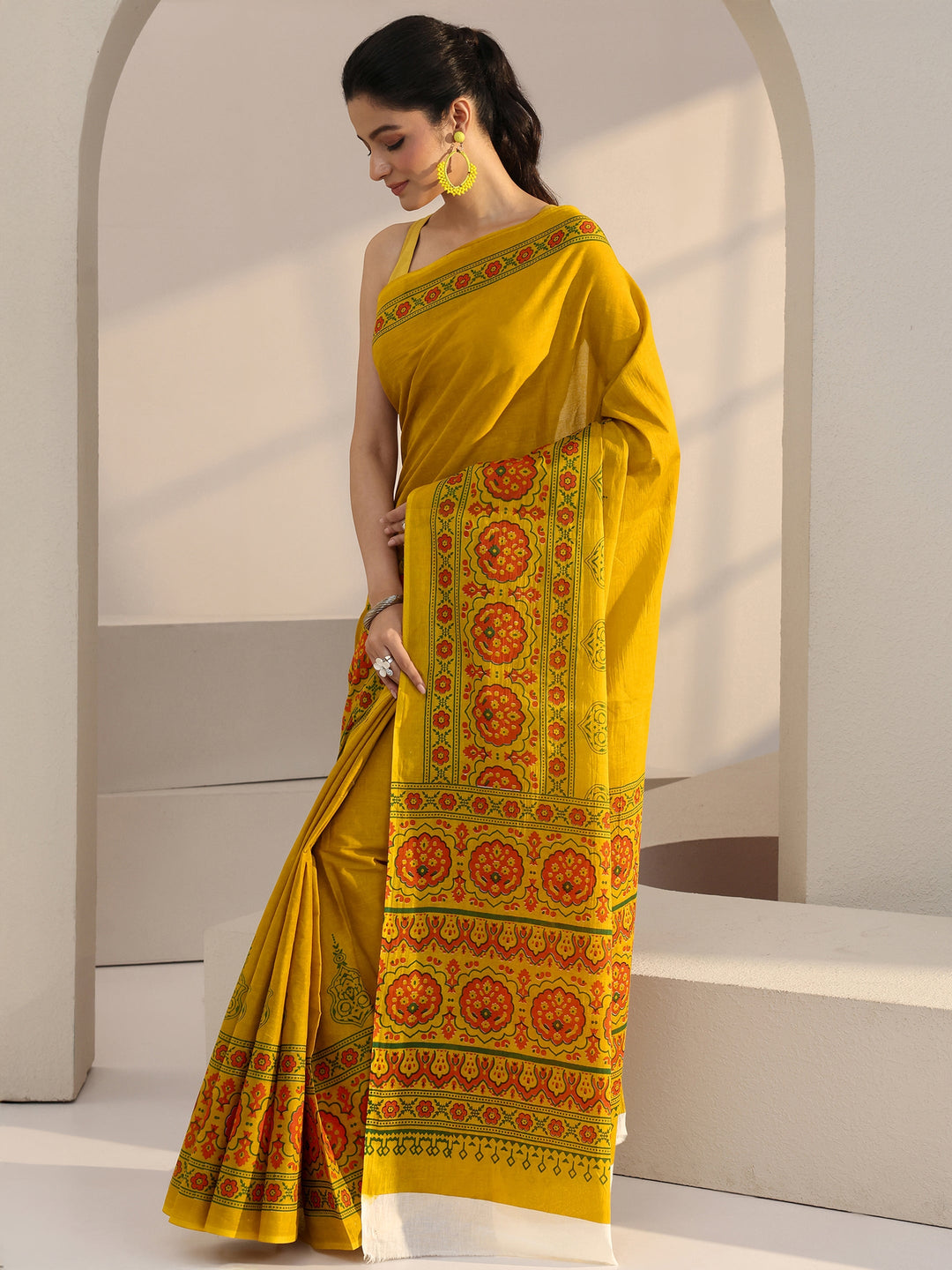  Mustard Block Print Cotton Saree 